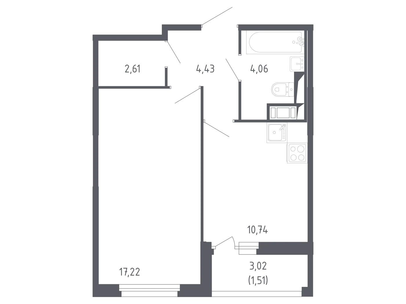 Планировка: 1-комн. квартира 39.70 м² в новостройке Сандэй
