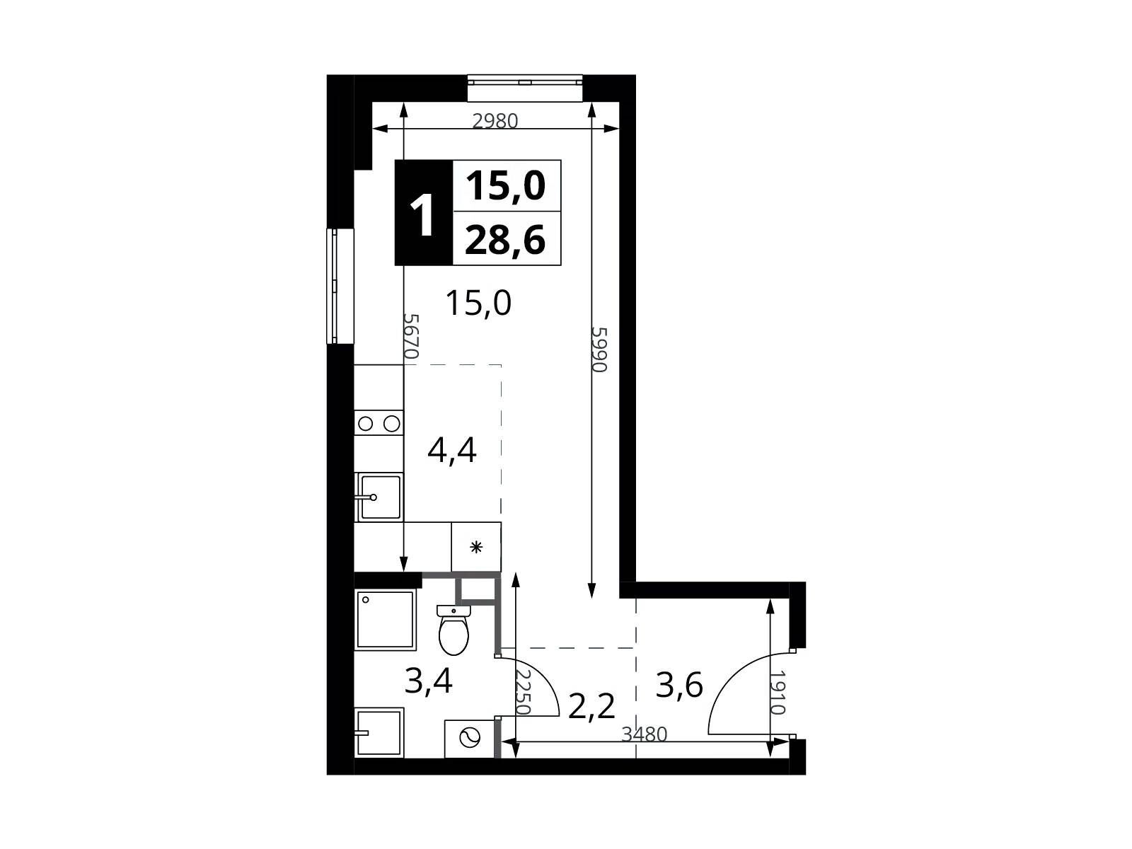 Планировка: Студия 28.60 м² в новостройке 1-й Шереметьевский