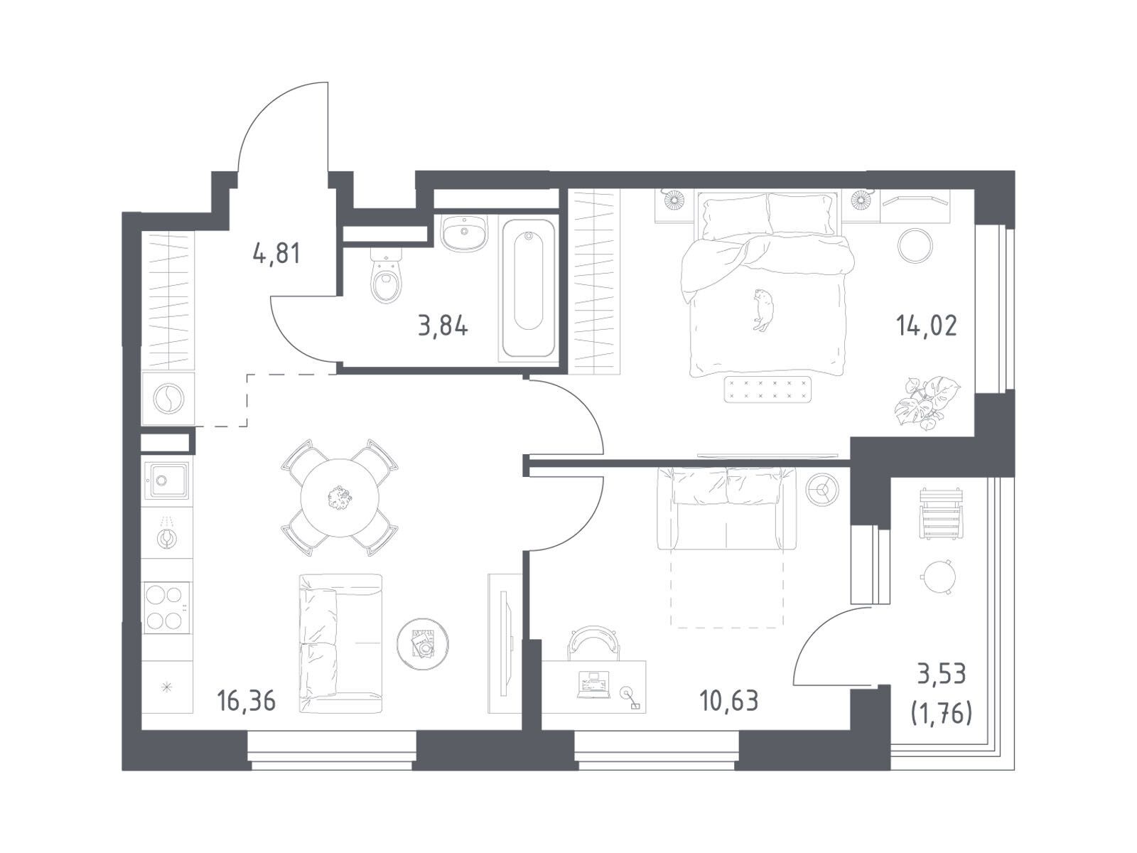 Планировка: 2-комн. квартира 51.42 м² в новостройке Большое Юрлово