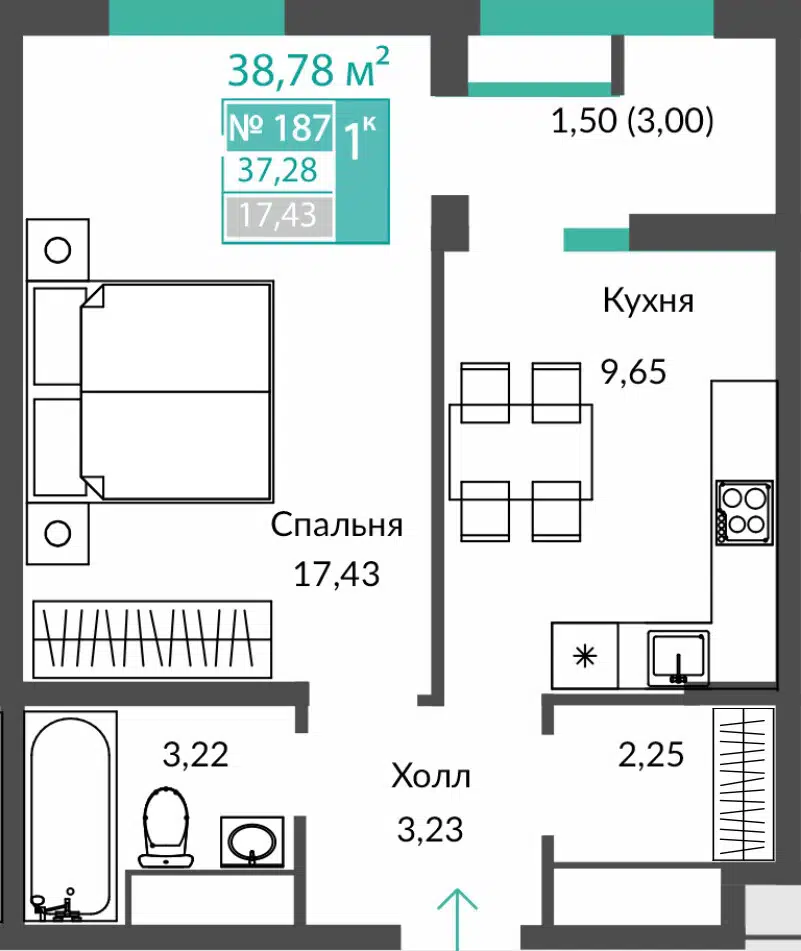 Планировка: 1-комн. квартира 37.28 м² в новостройке ЖК Единство