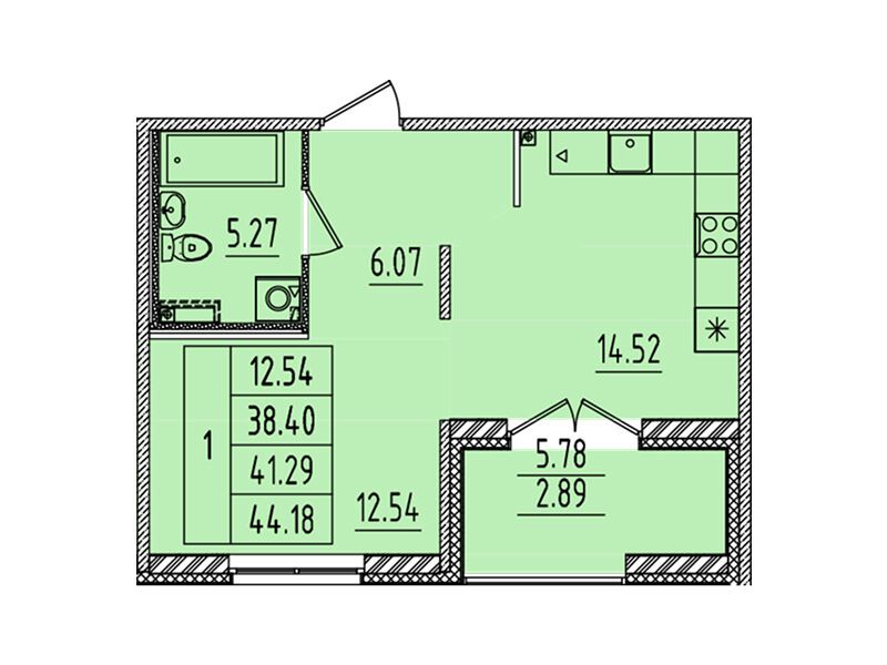Планировка: 1-комн. квартира 38.40 м² в новостройке Образцовый квартал 14