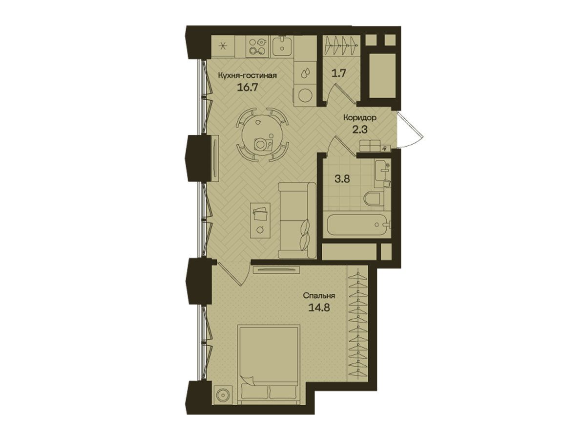 Планировка: 1-комн. квартира 39.00 м² в новостройке Дом на Часовой