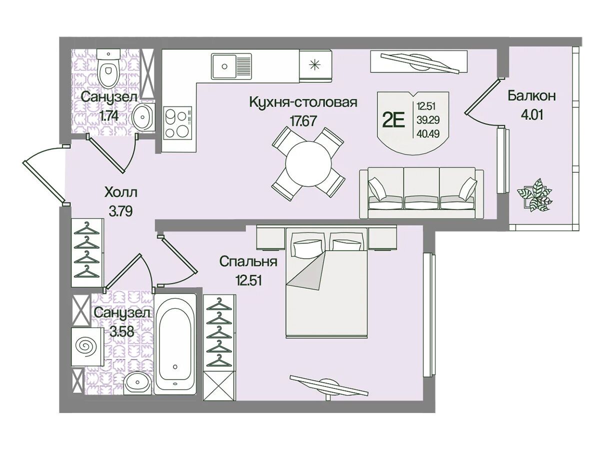 Планировка: 1-комн. квартира 40.49 м² в новостройке Охтинские высоты