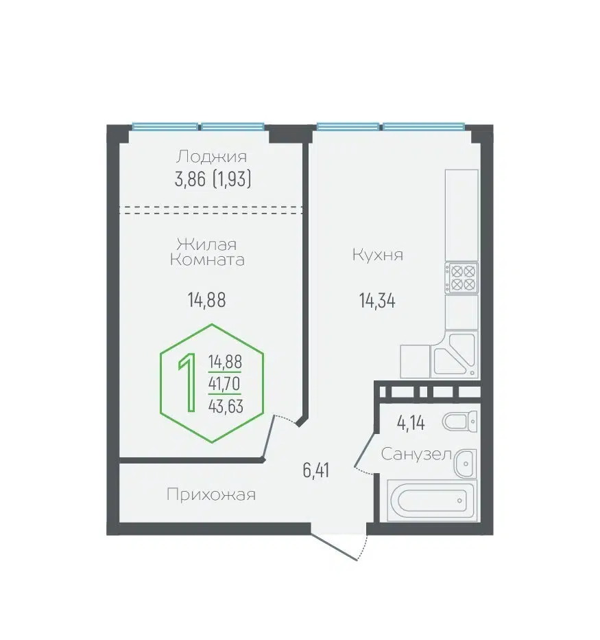 Планировка: 1-комн. квартира 42.60 м² в новостройке Гарантия на Обрывной