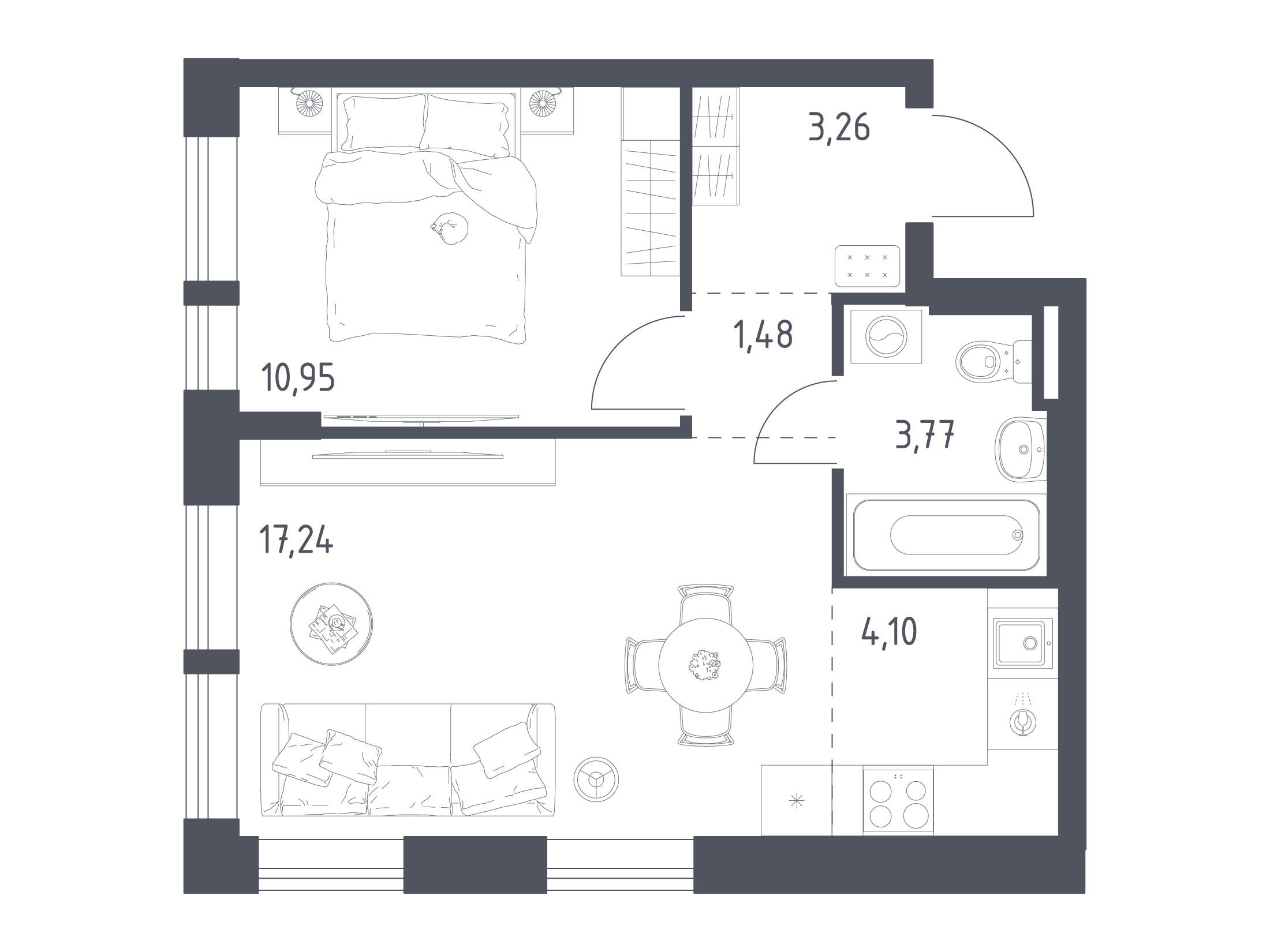 Планировка: 1-комн. квартира 40.80 м² в новостройке Квартал Авиаторов