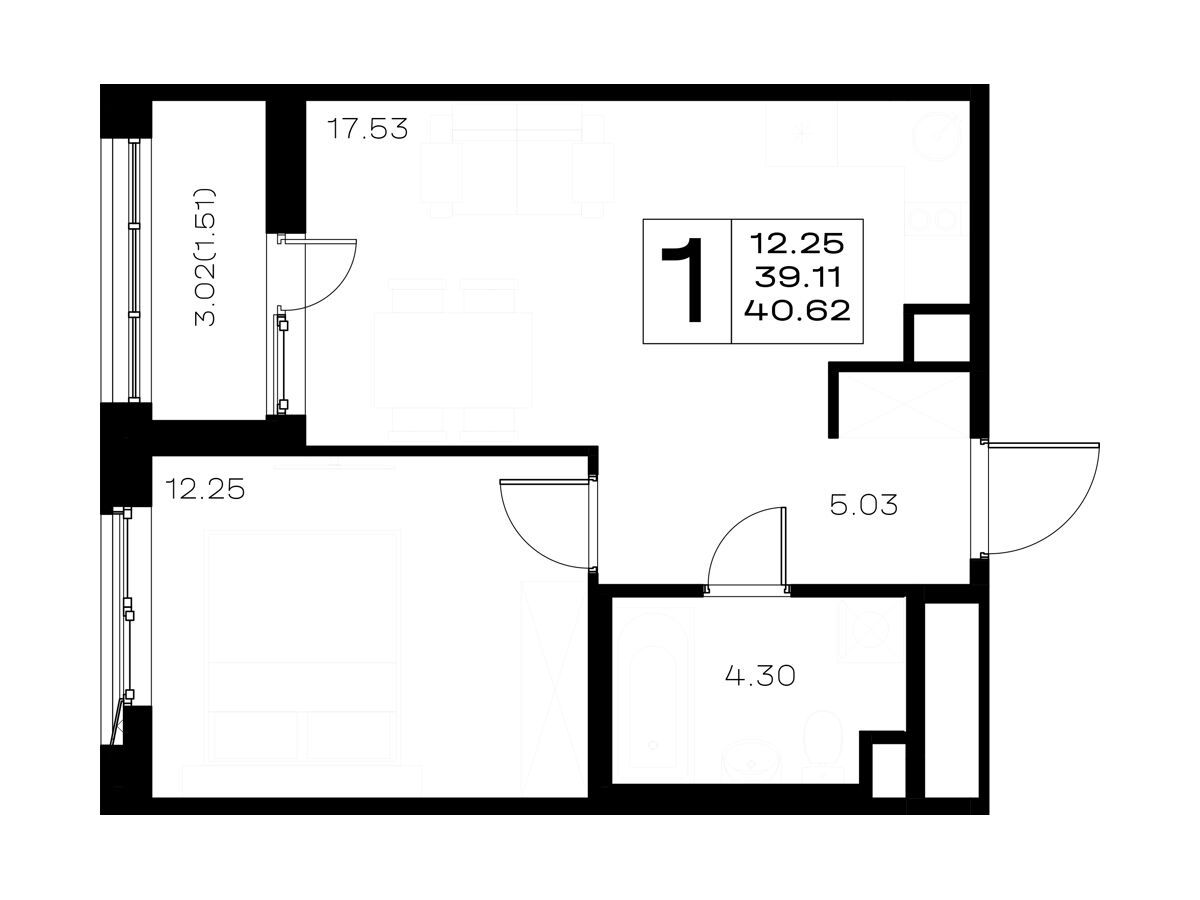Планировка: 1-комн. квартира 40.62 м² в новостройке Борский