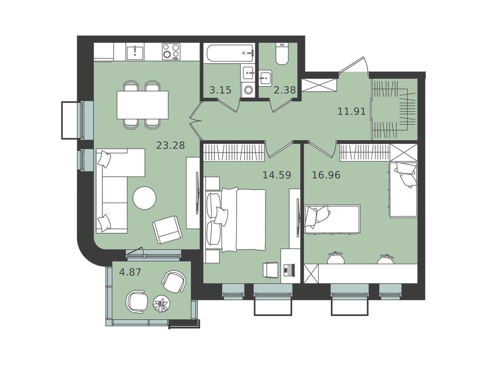 Планировка: 2-комн. квартира 74.71 м² в новостройке Мишино-2
