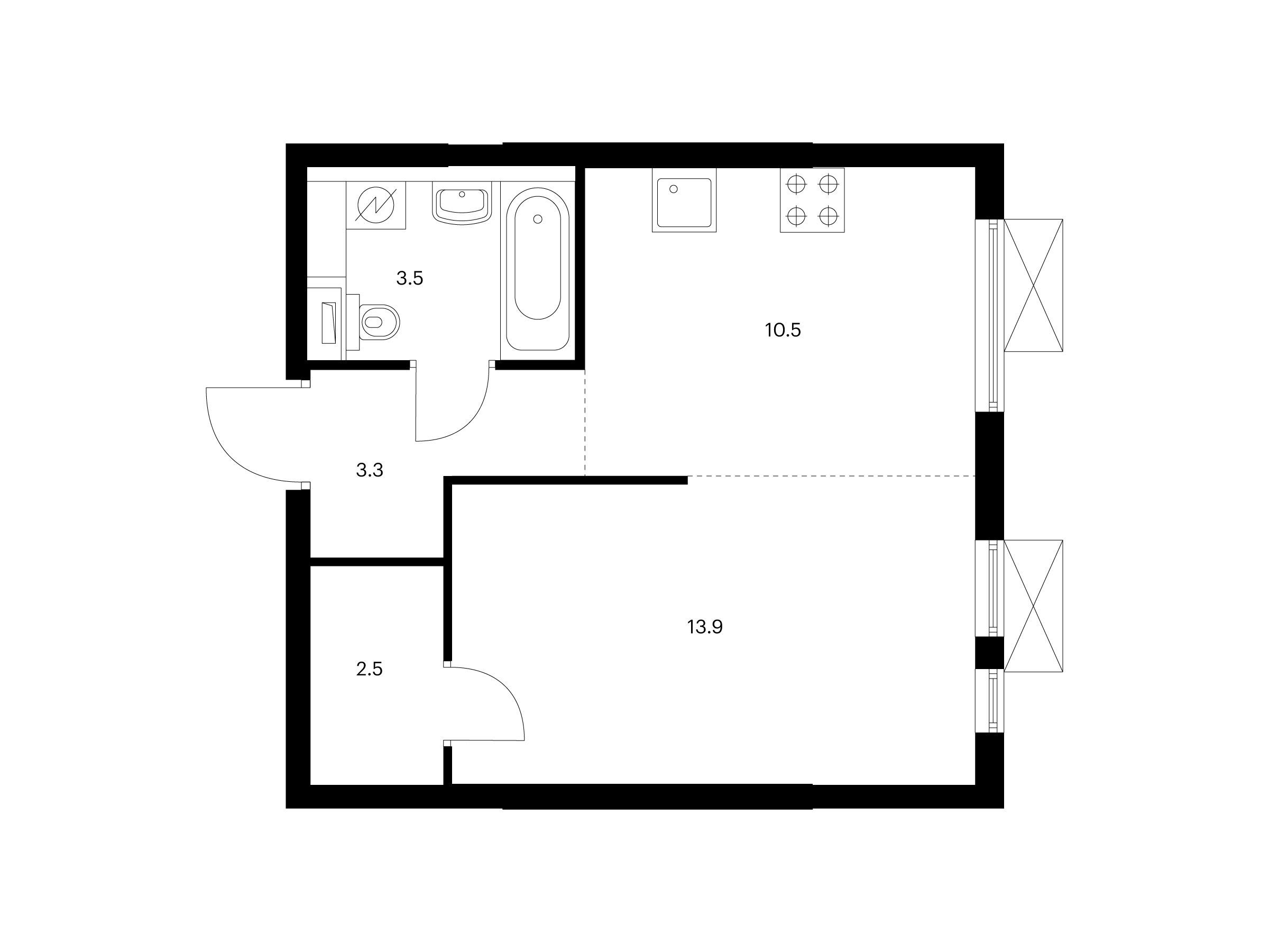Планировка: 1-комн. квартира 33.70 м² в новостройке Кузьминский лес