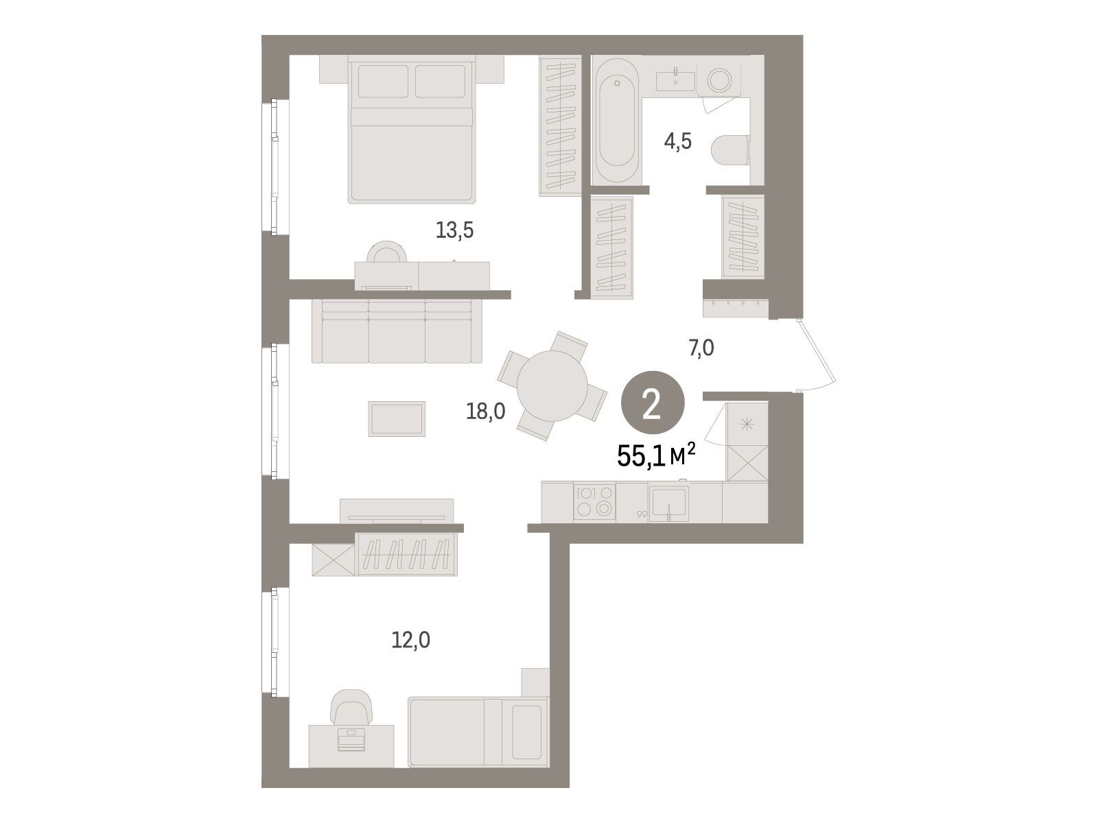 Планировка: 2-комн. квартира 55.10 м² в новостройке Брусника в Новоселье