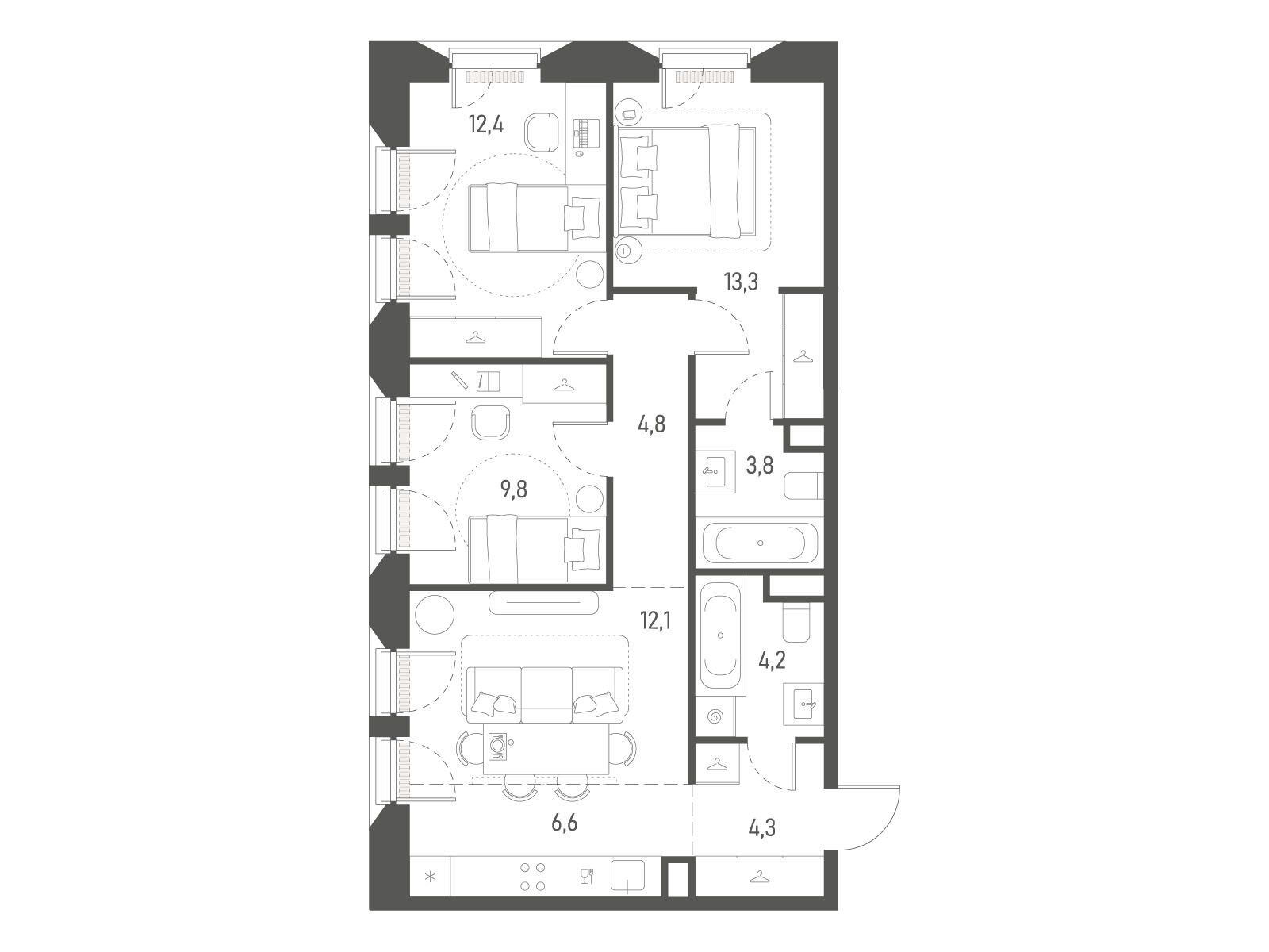 Планировка: 3-комн. квартира 71.30 м² в новостройке Среда на Лобачевского