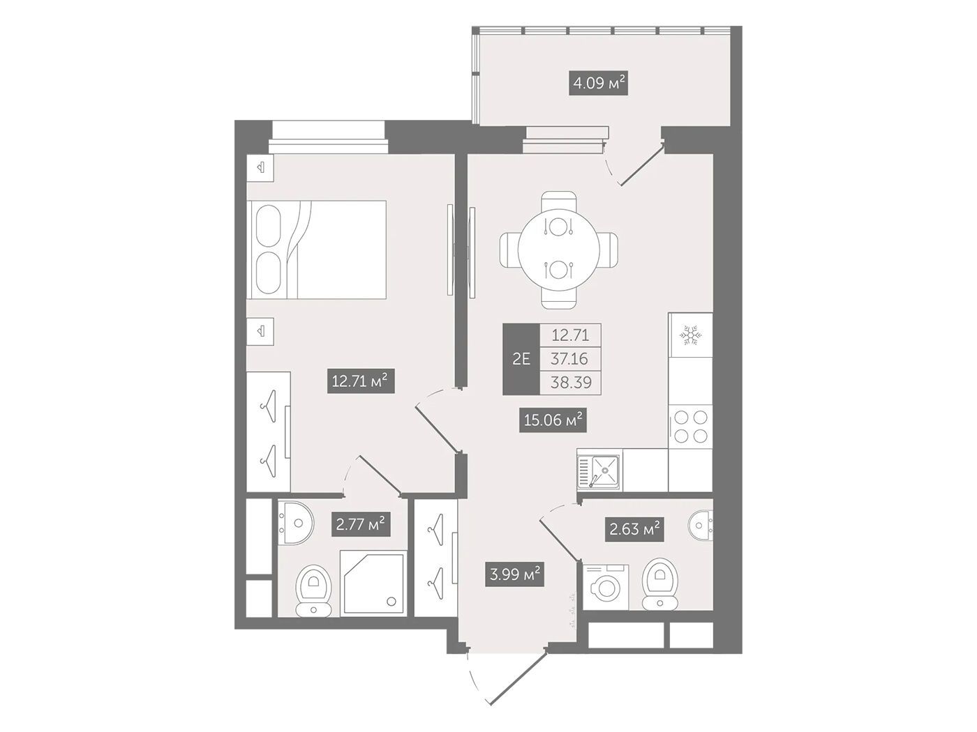 Планировка: 1-комн. квартира 38.39 м² в новостройке Квартал Воронцовский