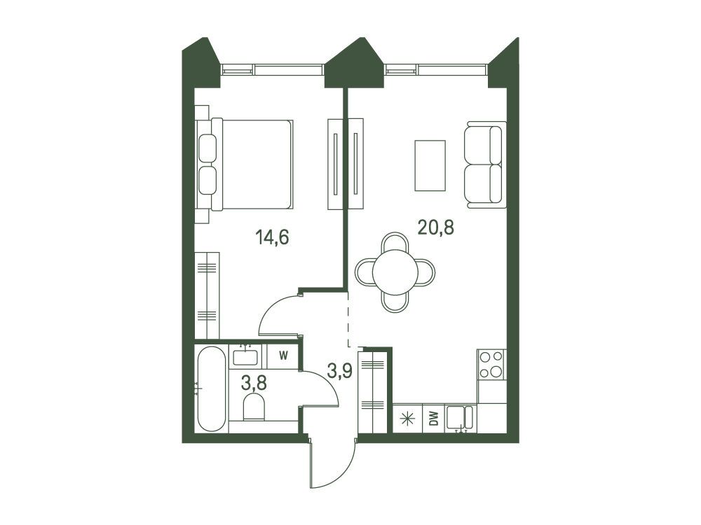 Планировка: 1-комн. квартира 43.10 м² в новостройке Моментс