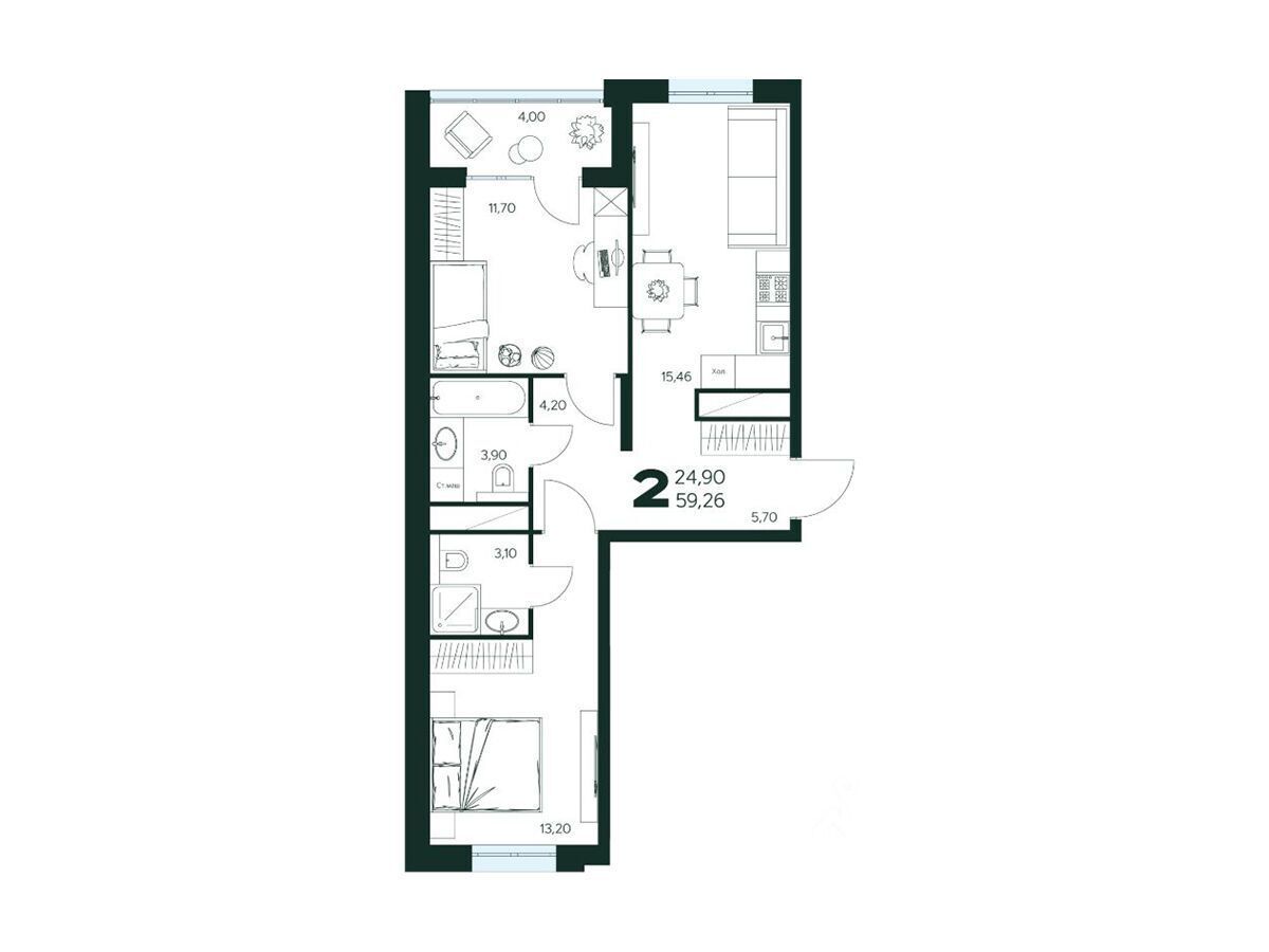 Планировка: 2-комн. квартира 59.26 м² в новостройке Ласточкино