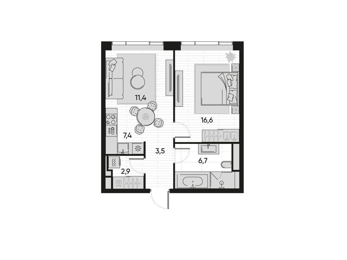 Планировка: 2-комн. квартира 48.60 м² в новостройке Прайд