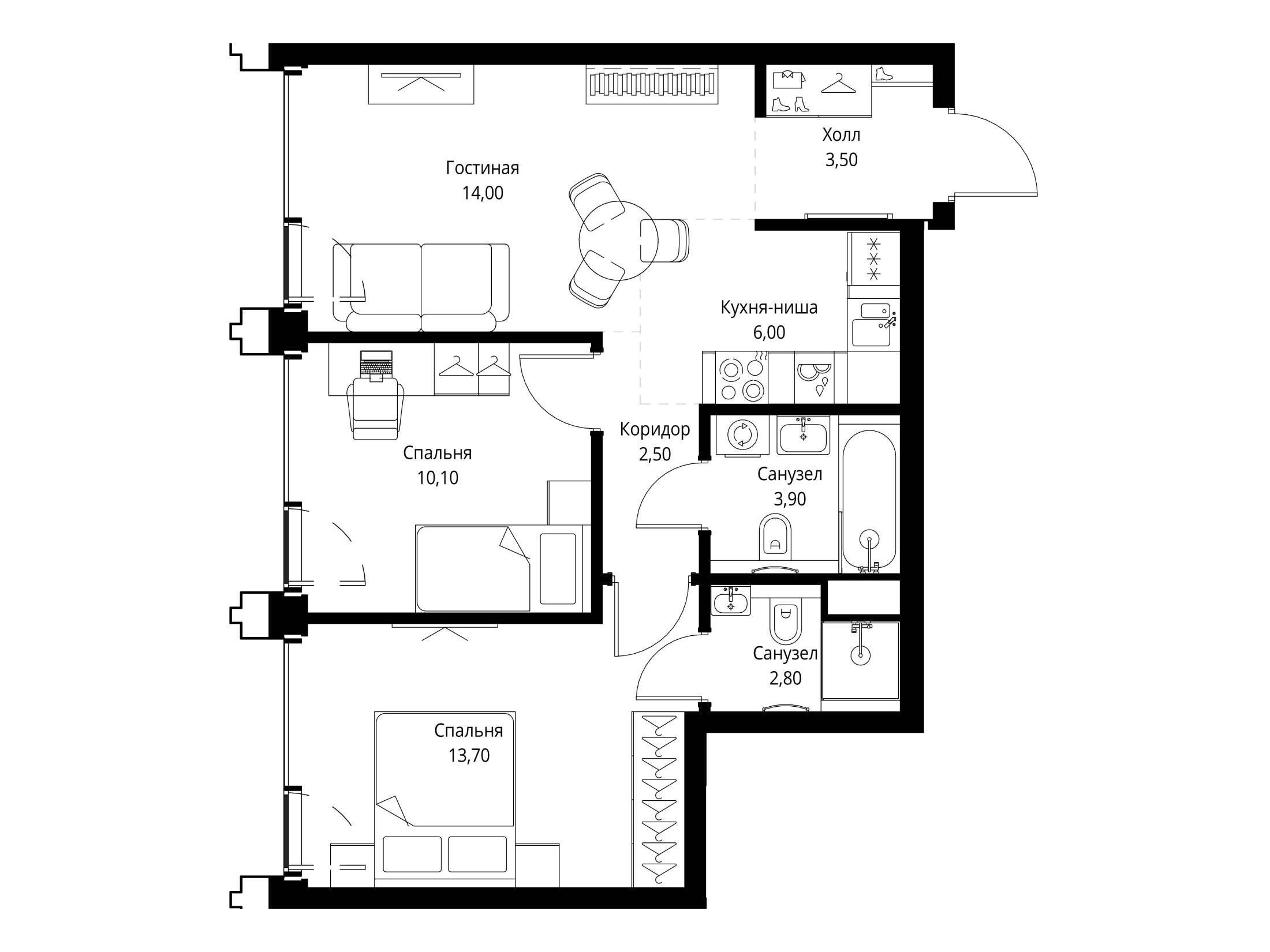Планировка: 2-комн. квартира 56.80 м² в новостройке Сет