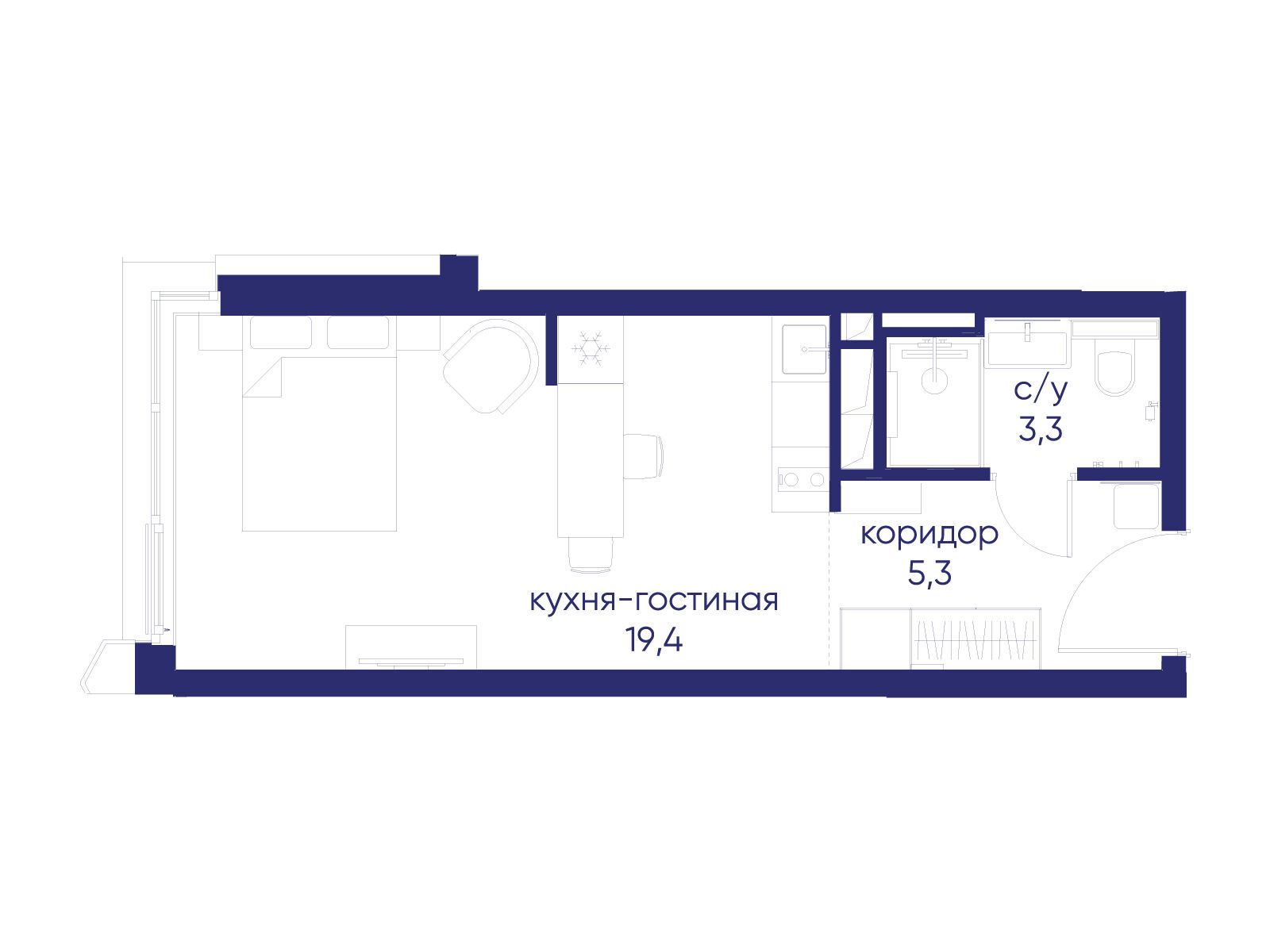Планировка: Студия 28.00 м² в новостройке Остров