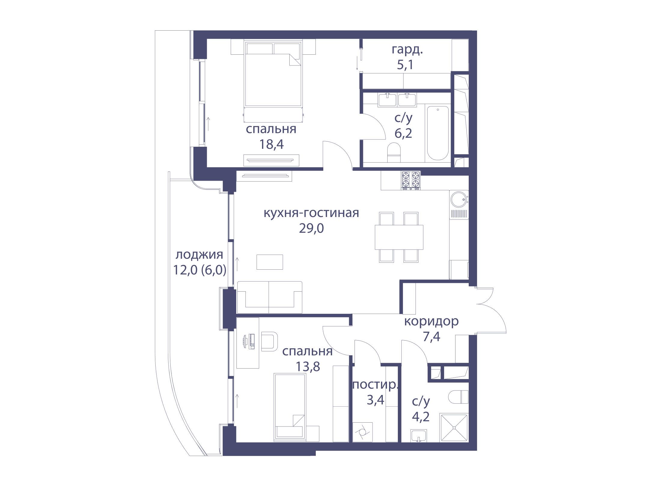 Планировка: 2-комн. квартира 93.50 м² в новостройке Река