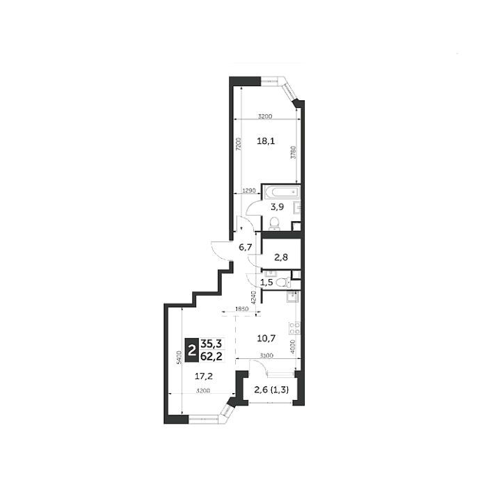 Планировка: 2-комн. квартира 62.20 м² в новостройке Архитектор
