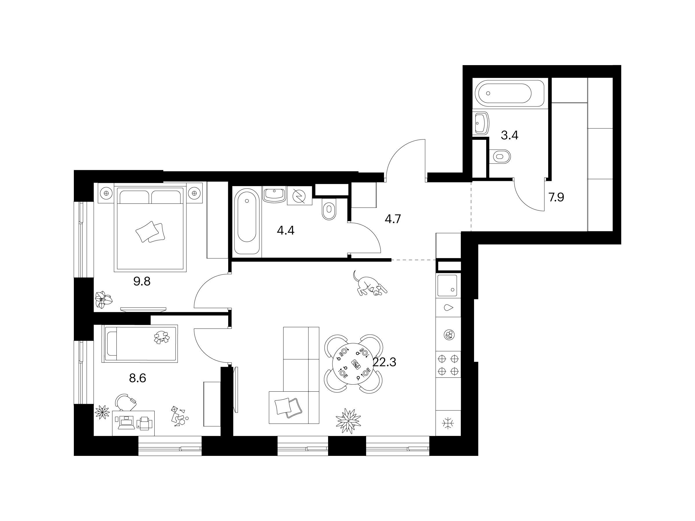 Планировка: 2-комн. квартира 61.10 м² в новостройке Мичуринский парк