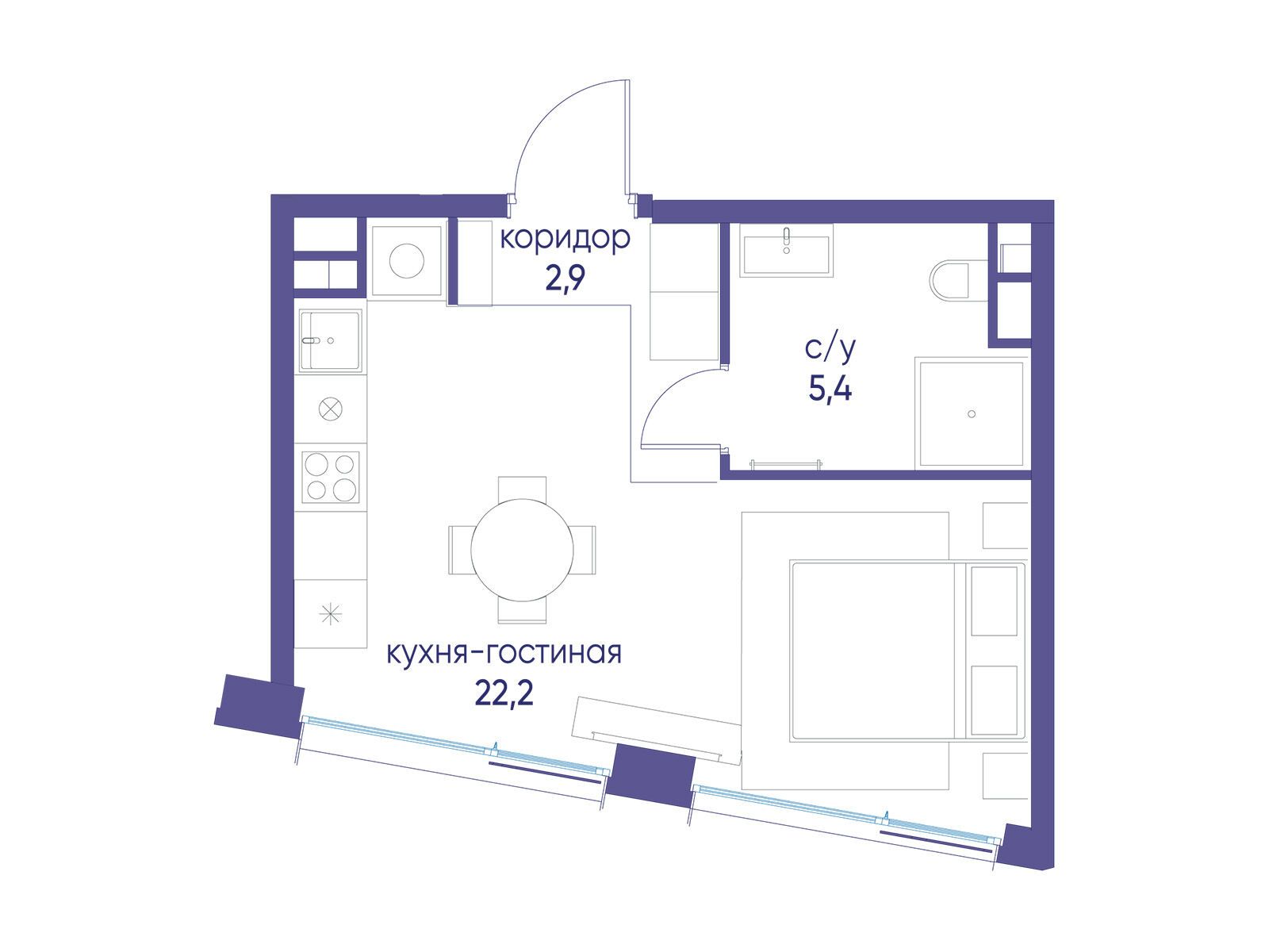Планировка: Студия 30.50 м² в новостройке Остров