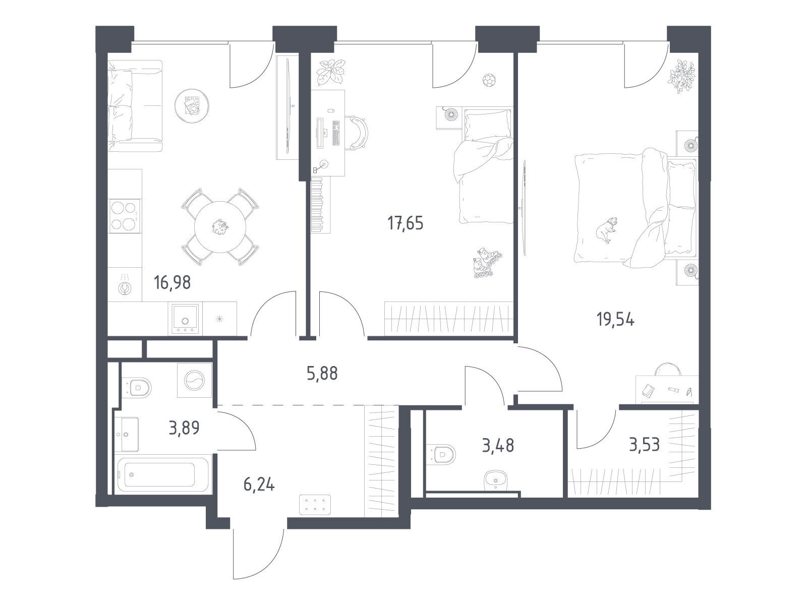 Планировка: 2-комн. квартира 77.19 м² в новостройке Квартал на воде