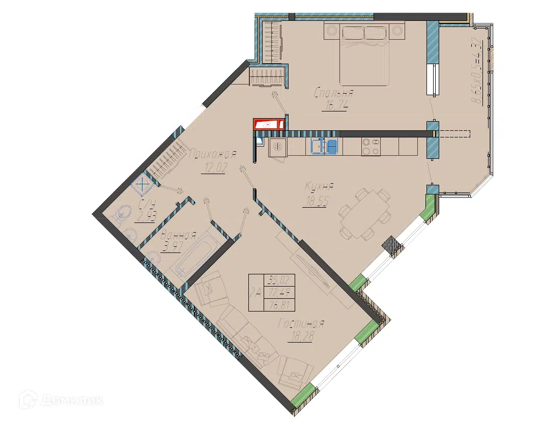 Планировка: 2-комн. квартира 76.81 м² в новостройке Парковый