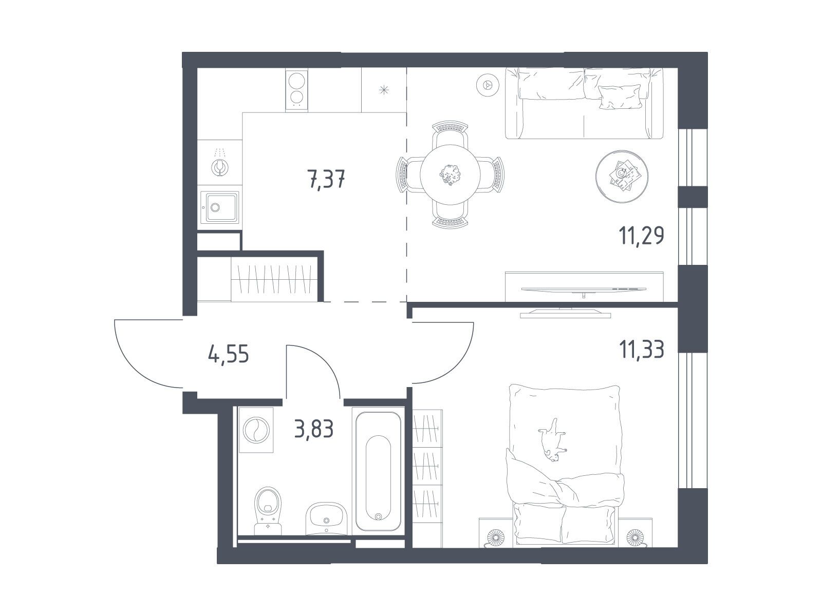 Планировка: 1-комн. квартира 38.37 м² в новостройке Остафьево