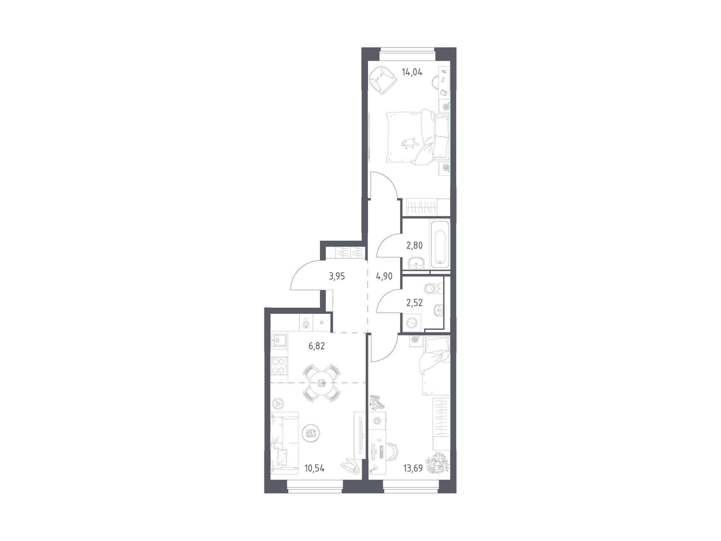 Планировка: 2-комн. квартира 59.26 м² в новостройке Богдановский Лес