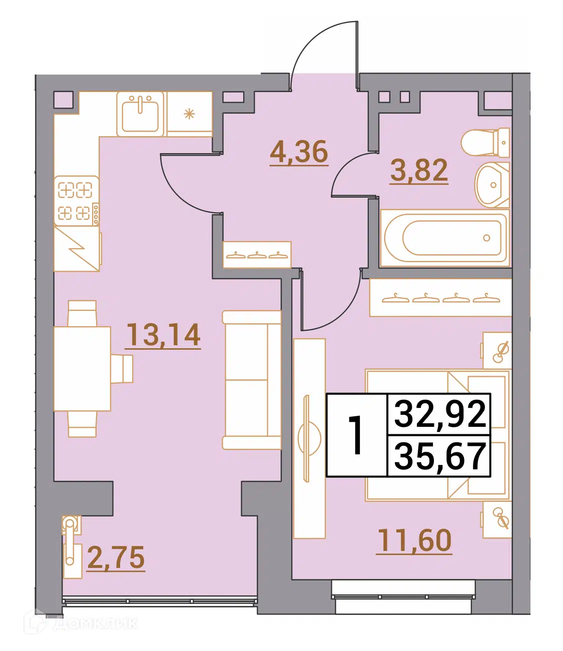 Планировка: 1-комн. квартира 35.67 м² в новостройке Зеленый город