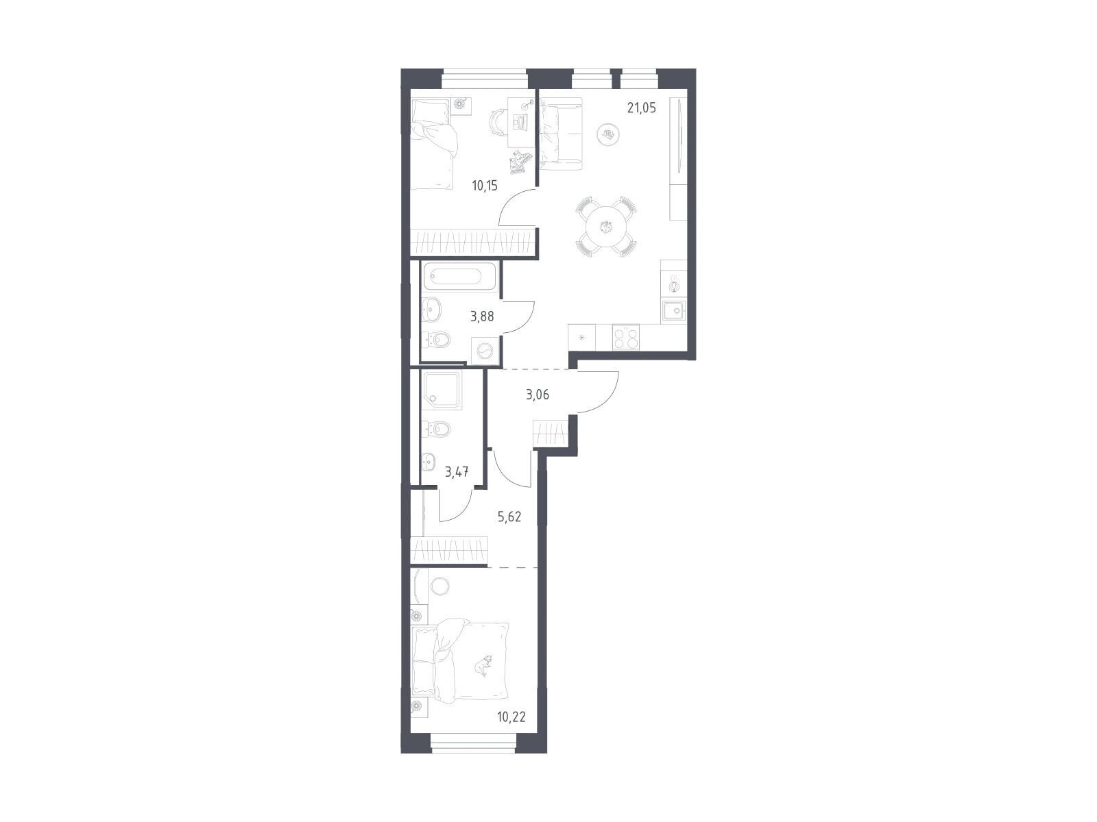 Планировка: 2-комн. квартира 57.45 м² в новостройке Квартал Ивакино