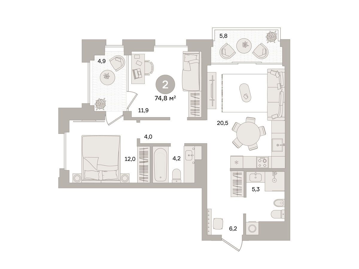 Планировка: 2-комн. квартира 74.80 м² в новостройке Монс
