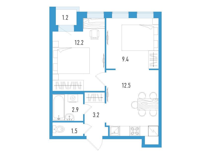 Планировка: 2-комн. квартира 42.30 м² в новостройке Аэросити Клаб