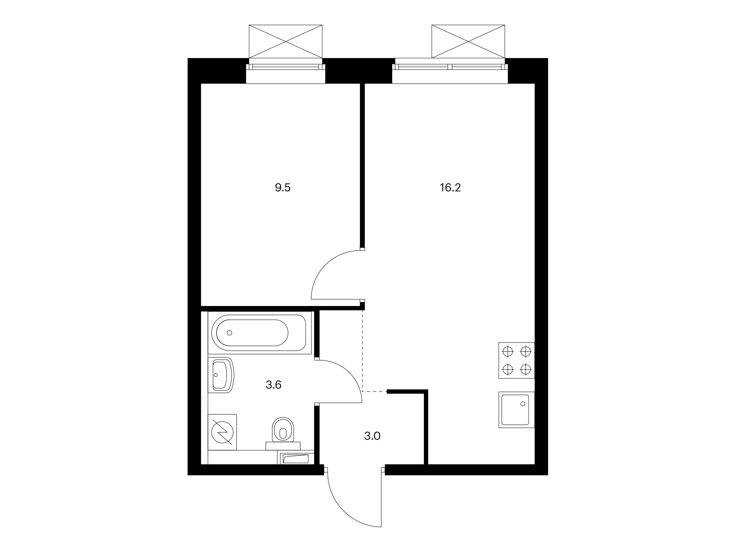Планировка: 1-комн. квартира 32.30 м² в новостройке Ютаново
