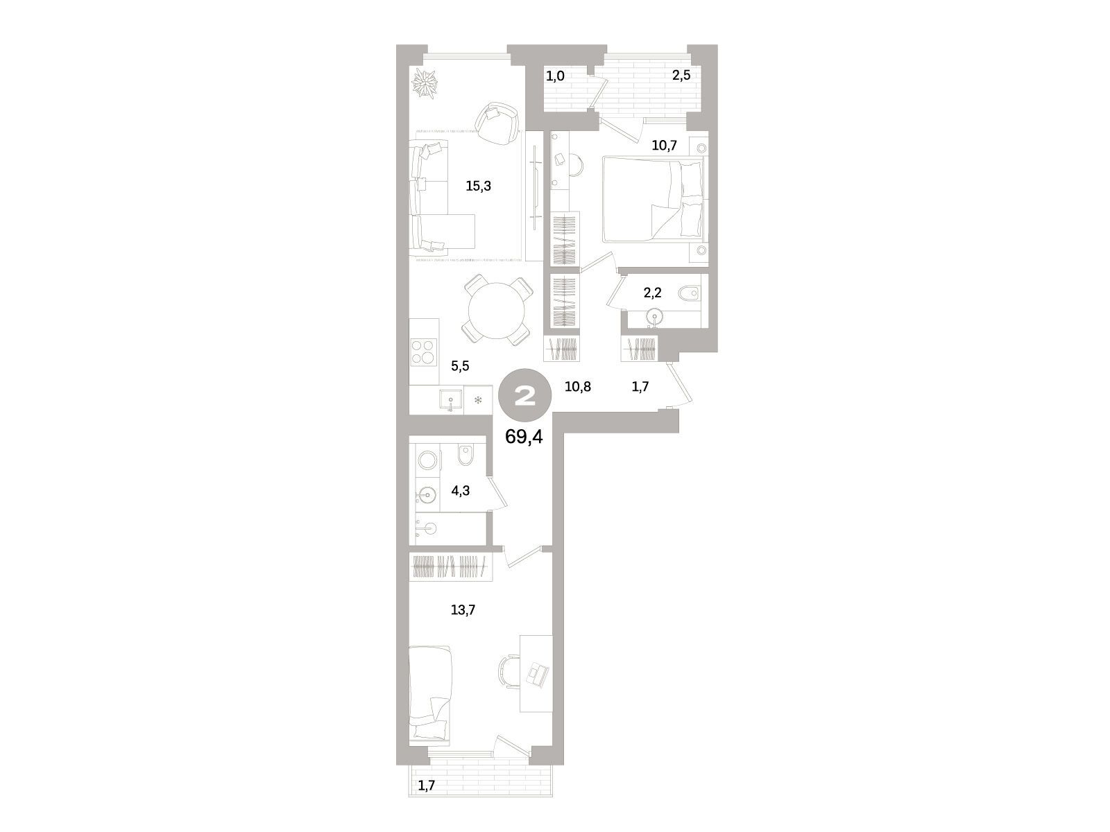 Планировка: 2-комн. квартира 69.40 м² в новостройке Северный ветер