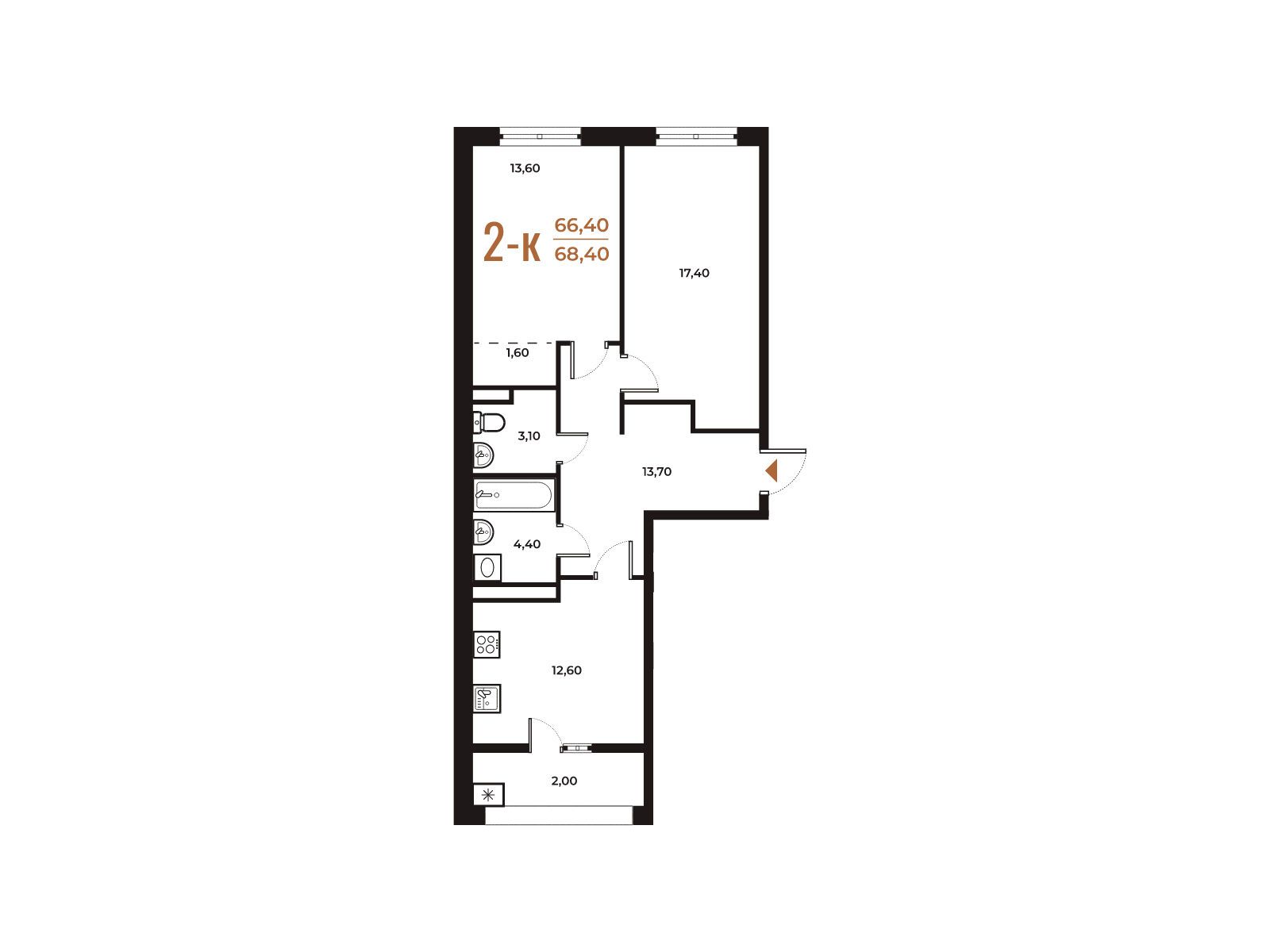 Планировка: 2-комн. квартира 68.40 м² в новостройке Новое Летово