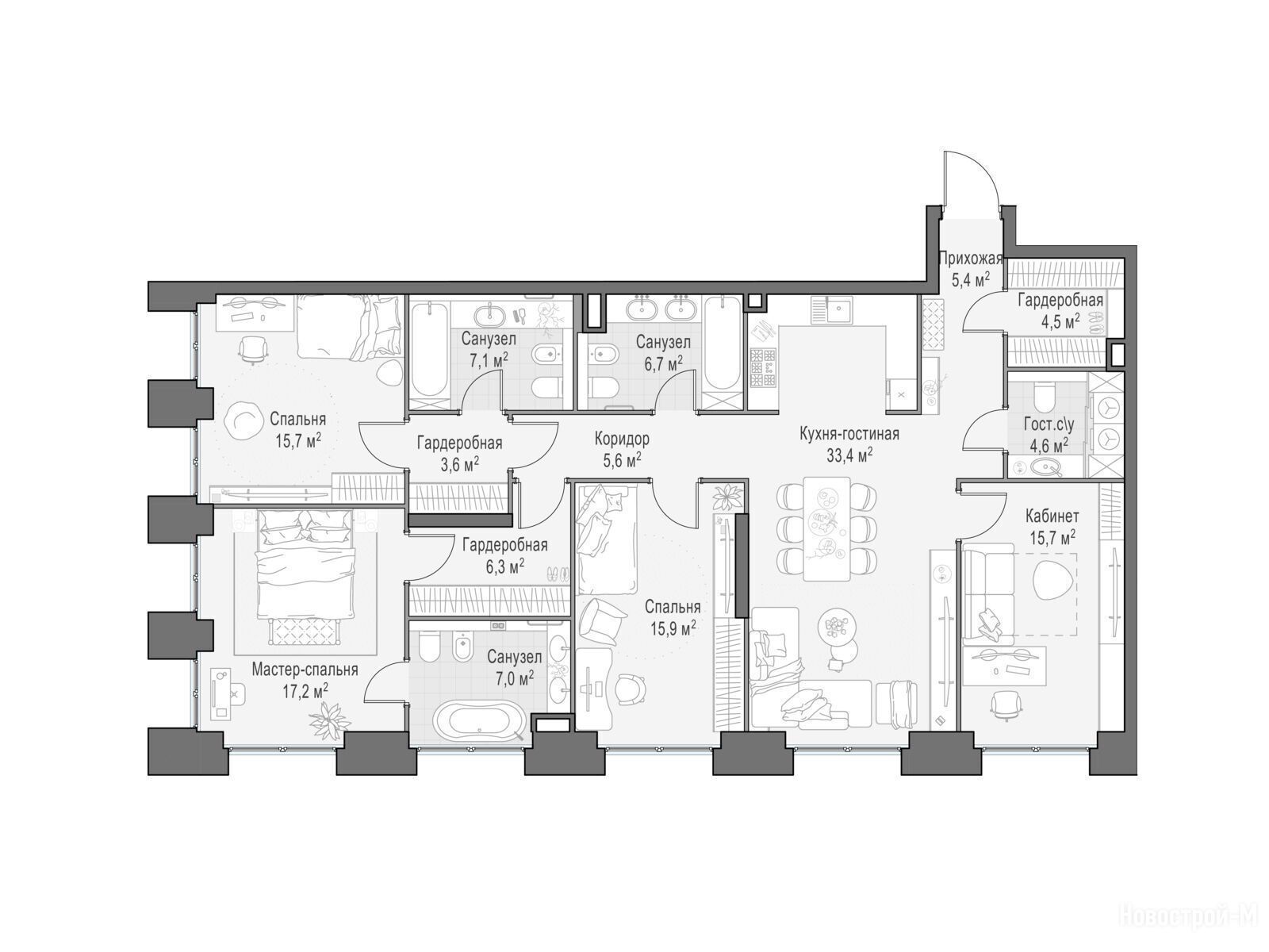 Планировка: 4-комн. квартира 148.80 м² в новостройке Лайф тайм