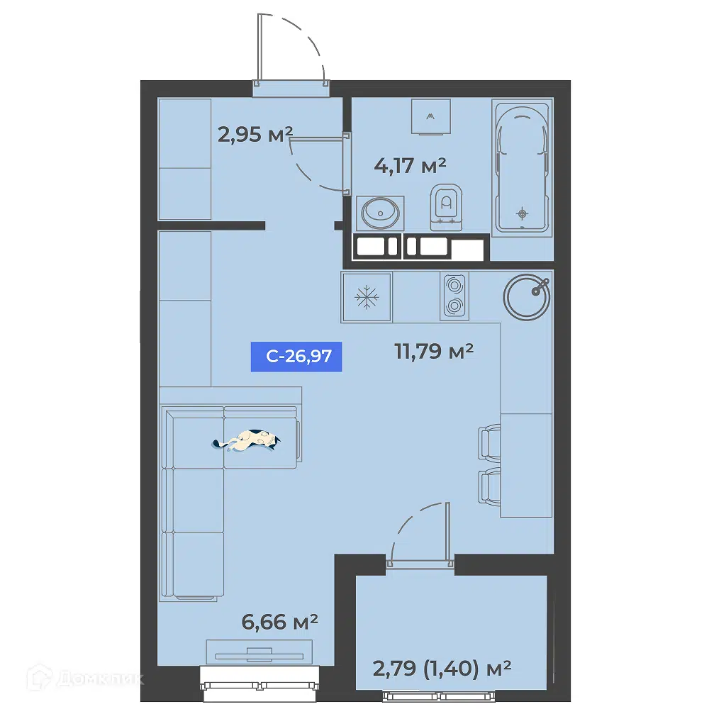 Планировка: Студия 26.97 м² в новостройке Соловей