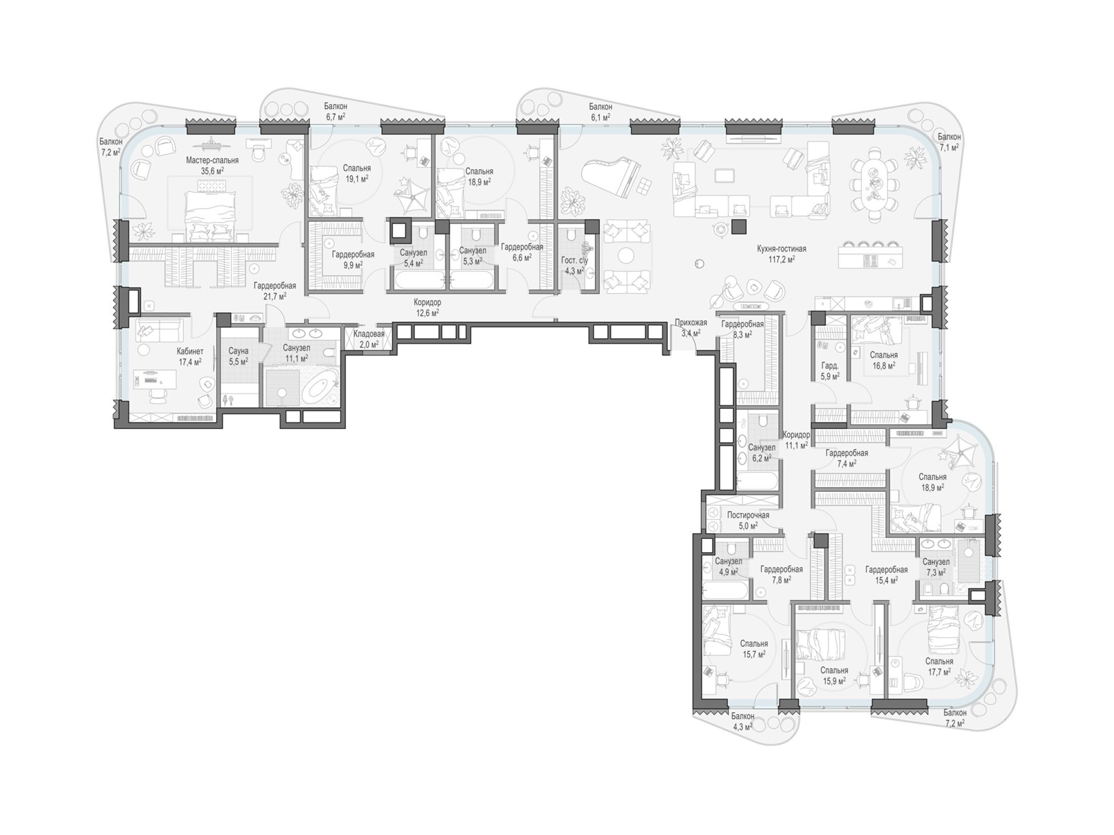 Планировка: 6-комн. квартира 468.20 м² в новостройке Дом Лаврушинский
