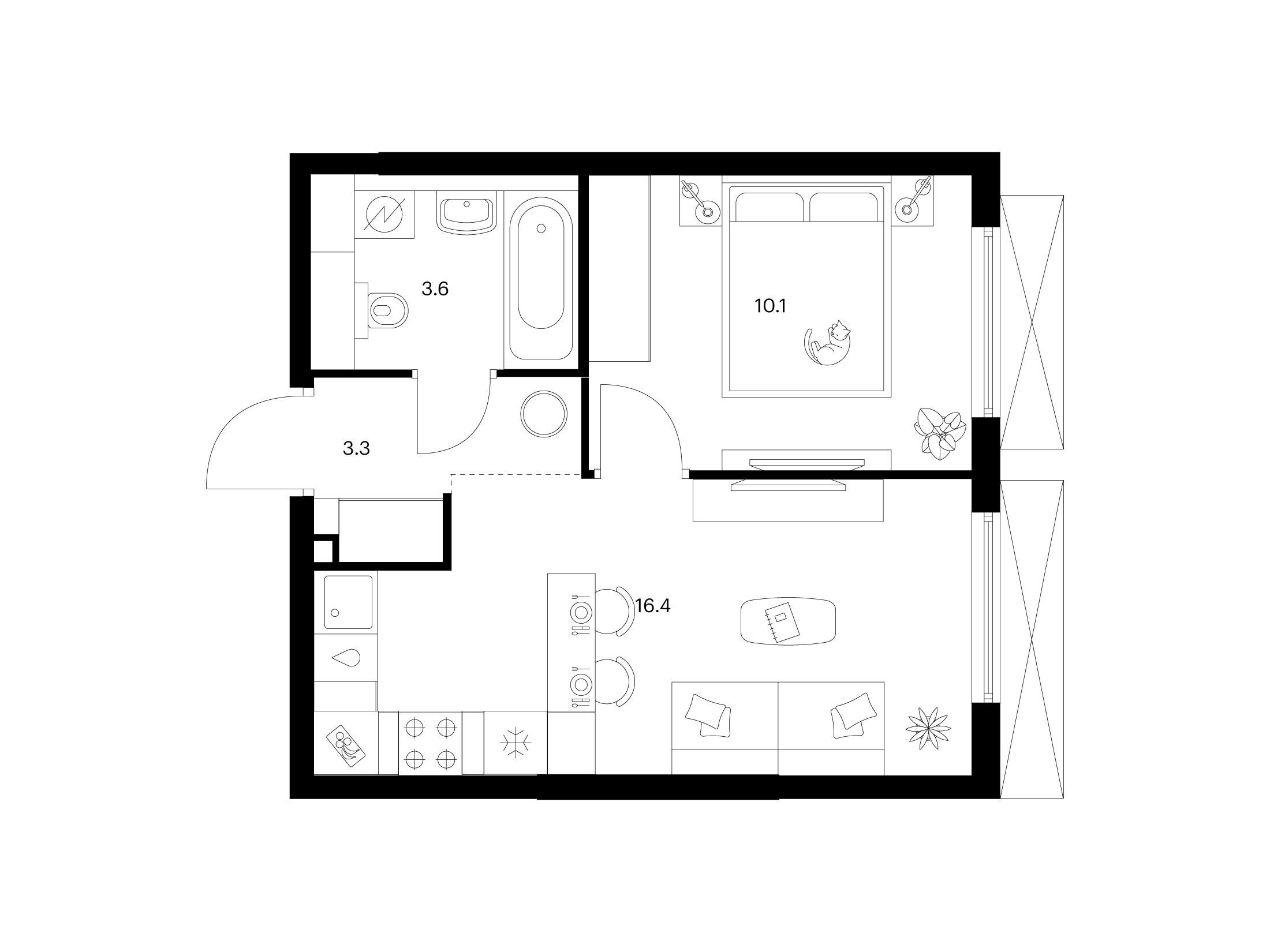 Планировка: 1-комн. квартира 33.40 м² в новостройке Мичуринский парк