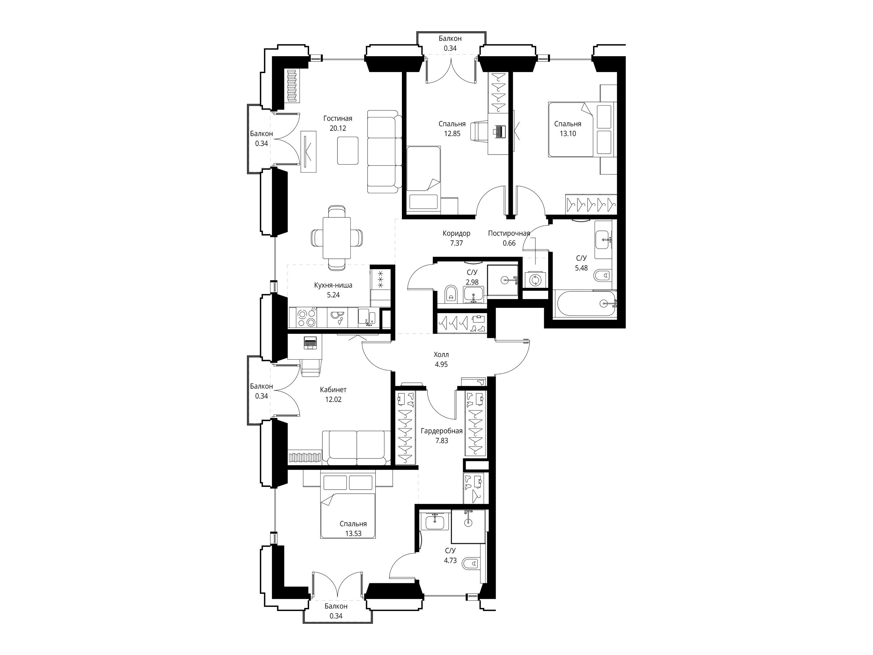 Планировка: 4-комн. квартира 112.22 м² в новостройке Сет