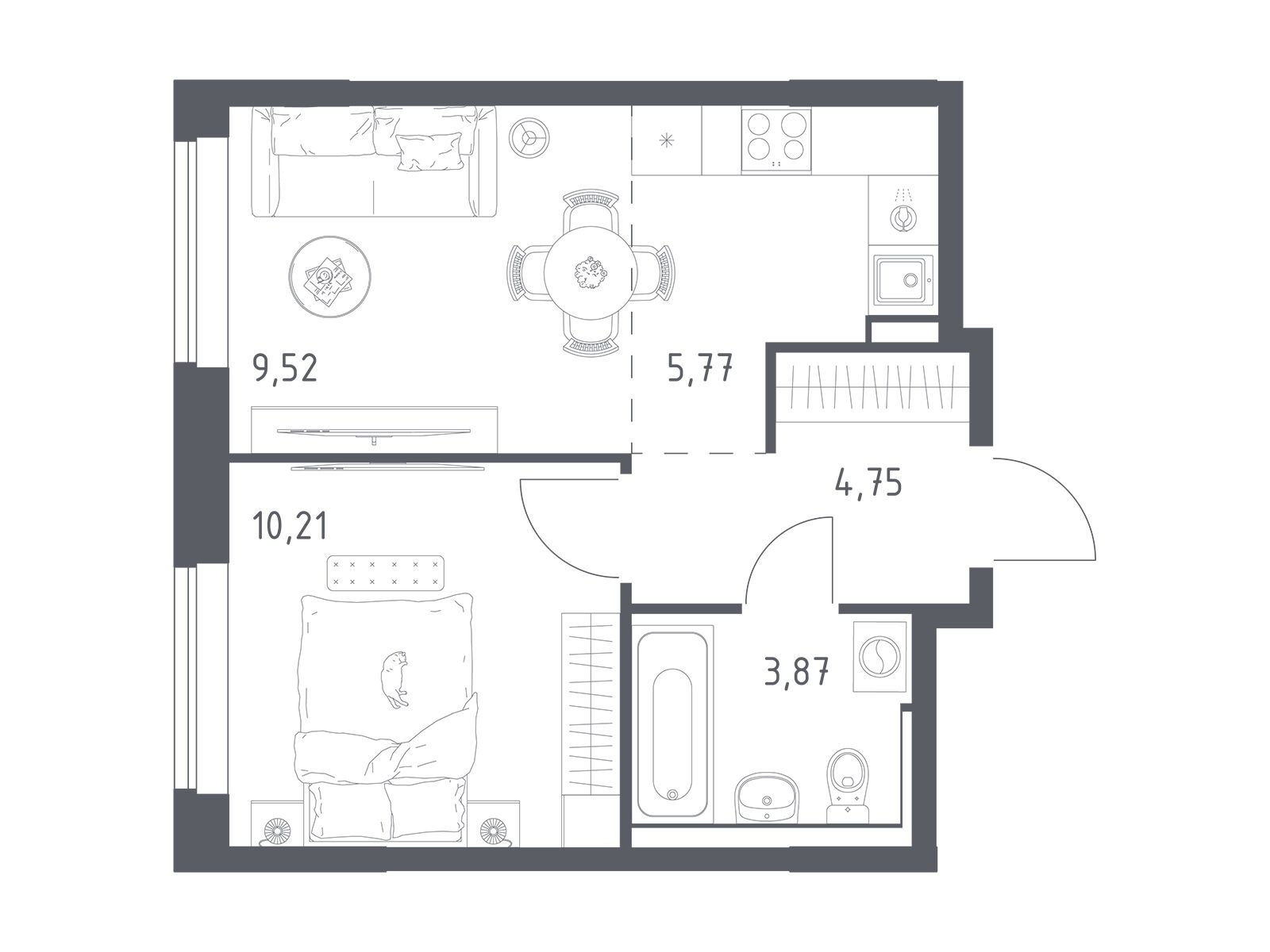 Планировка: 1-комн. квартира 33.70 м² в новостройке Пригород Лесное