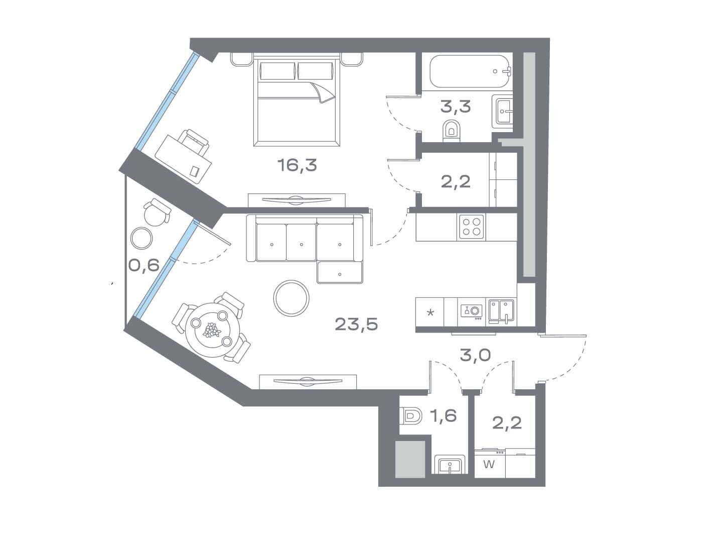 Планировка: 2-комн. квартира 52.58 м² в новостройке Дом Горизонтов