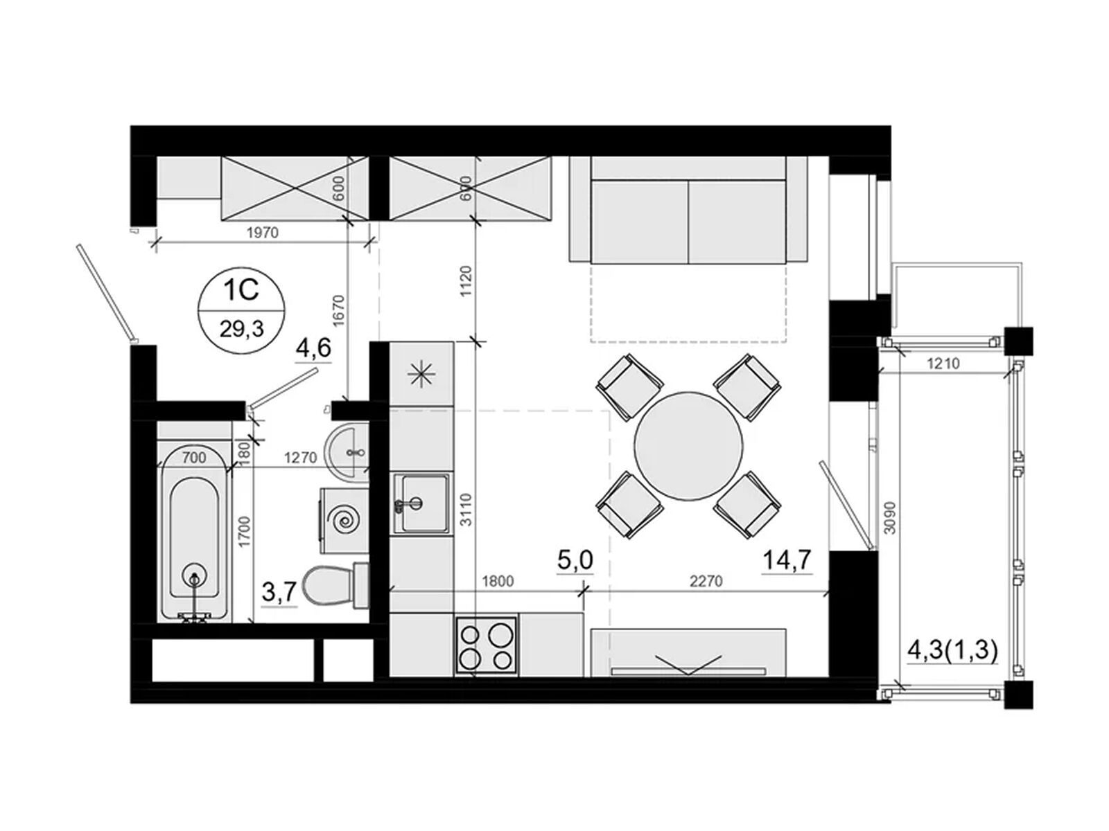 Планировка: Студия 29.30 м² в новостройке Союзный