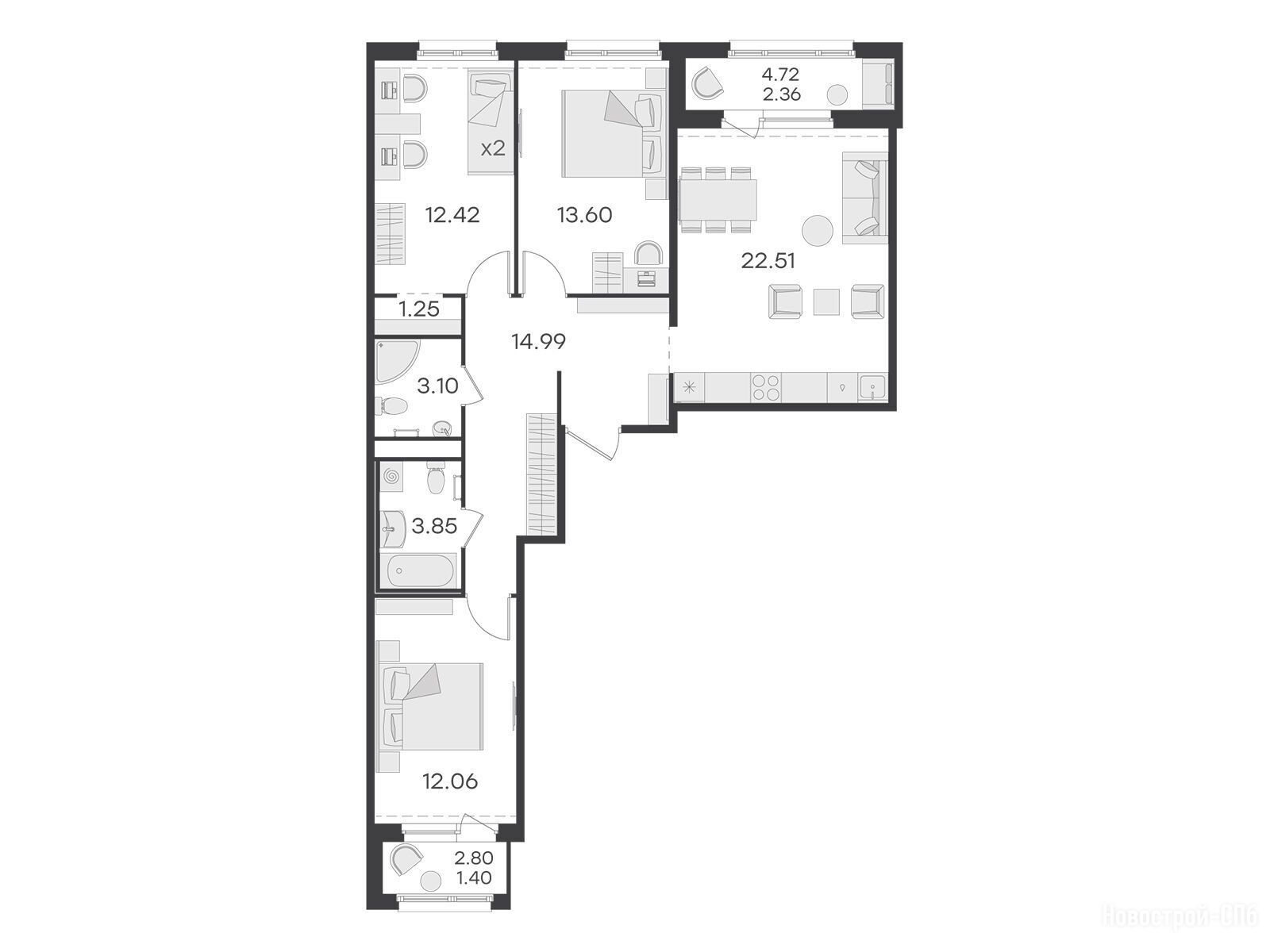 Планировка: 3-комн. квартира 87.10 м² в новостройке Глоракс Парголово