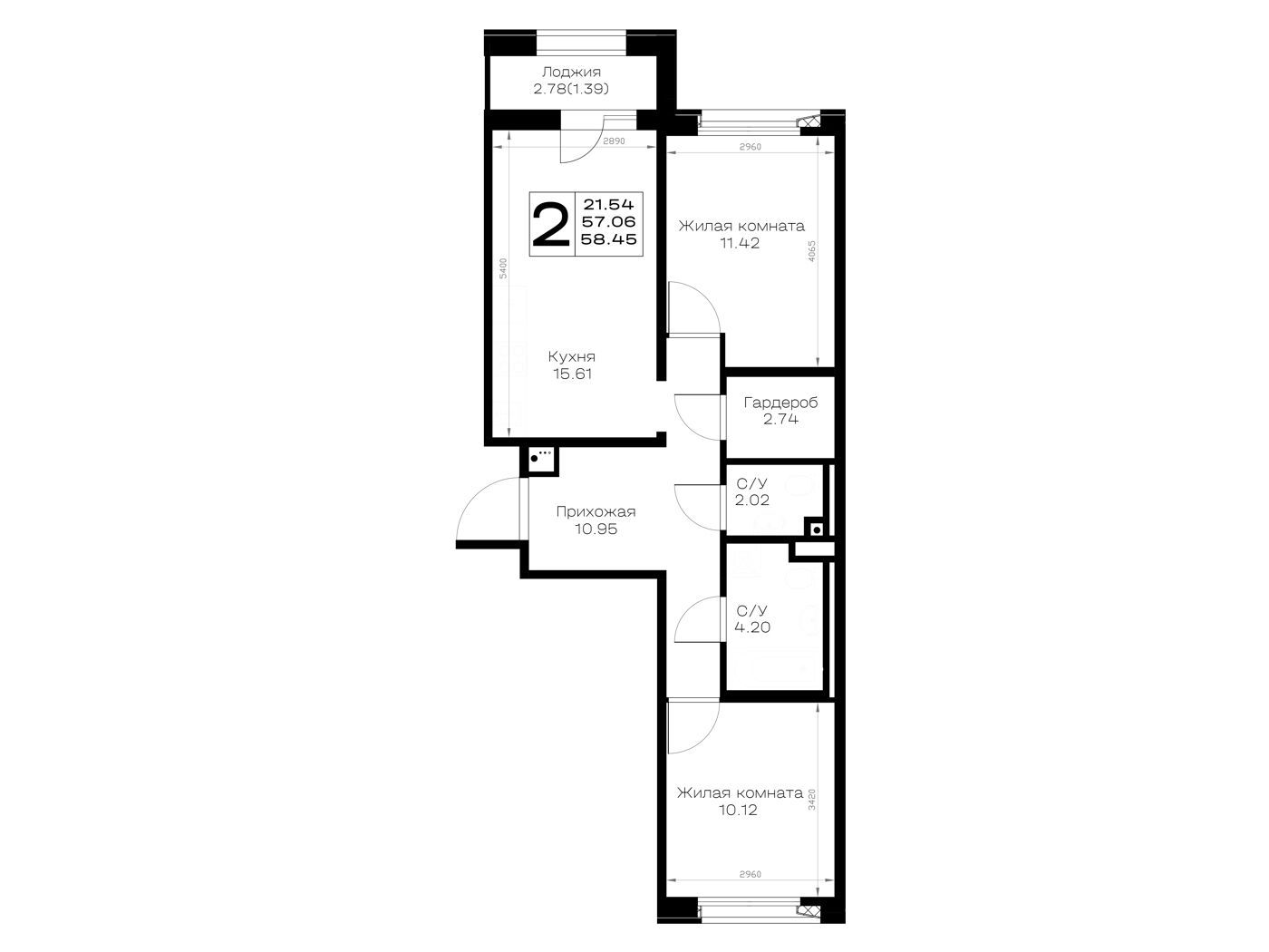 Планировка: 2-комн. квартира 58.45 м² в новостройке Борский