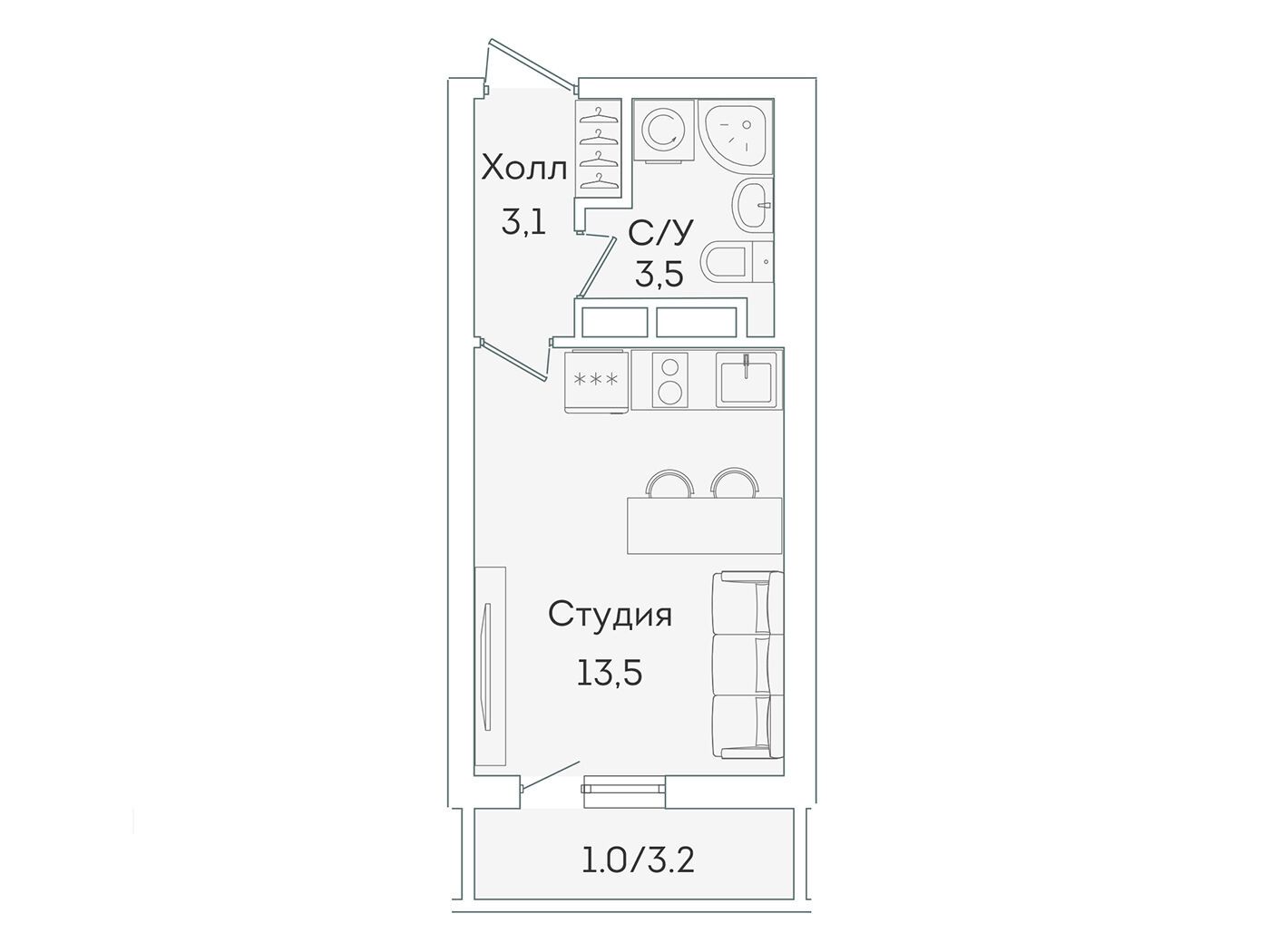 Планировка: Студия 20.10 м² в новостройке Лампо