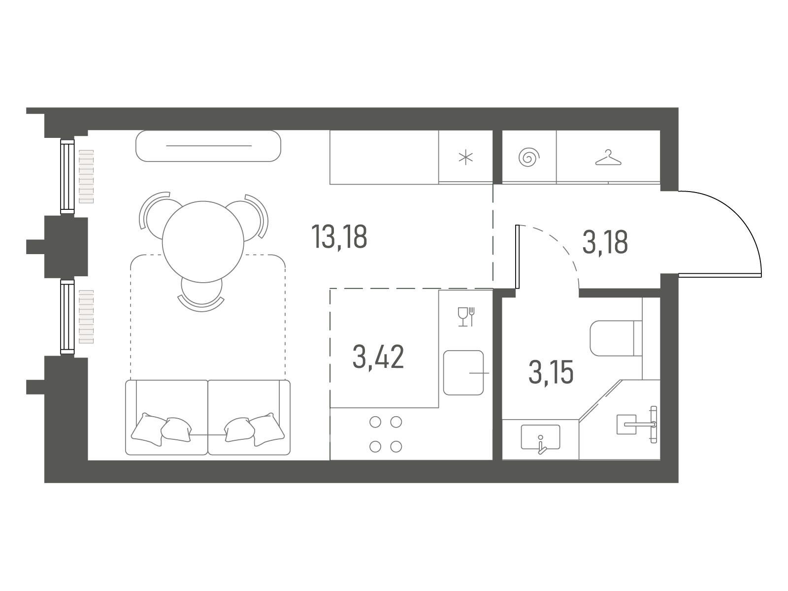 Планировка: Студия 22.93 м² в новостройке Индиво