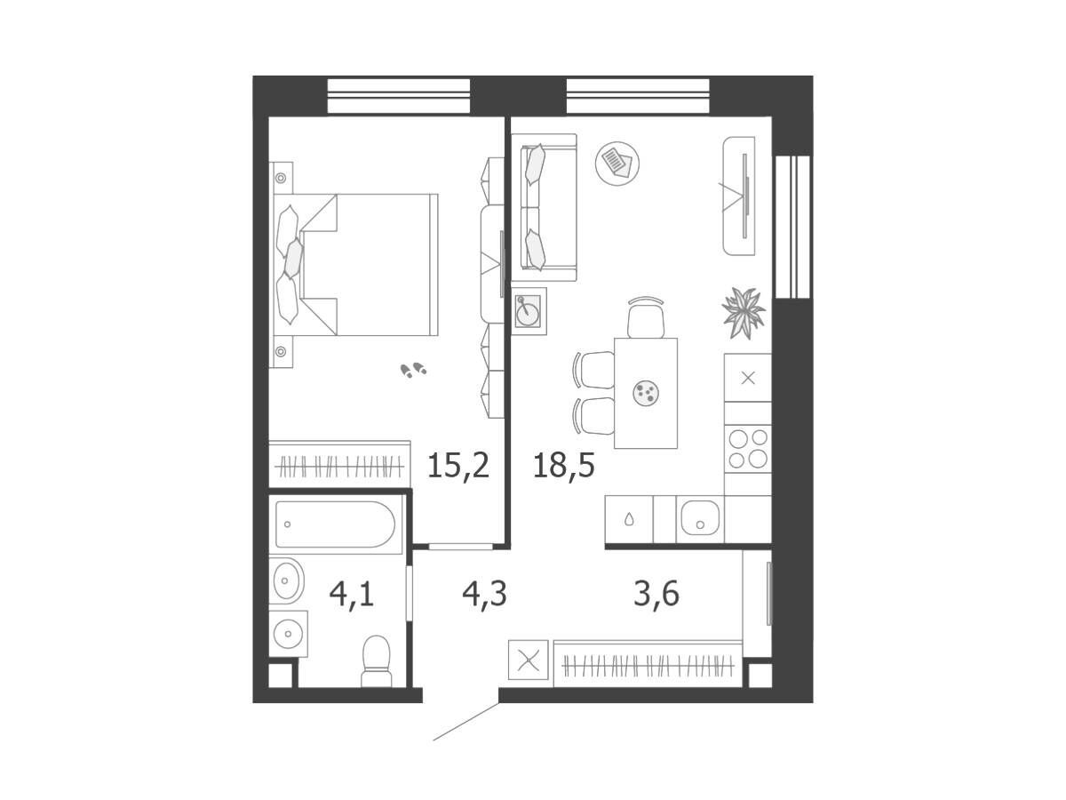 Планировка: 1-комн. квартира 45.70 м² в новостройке Шагал