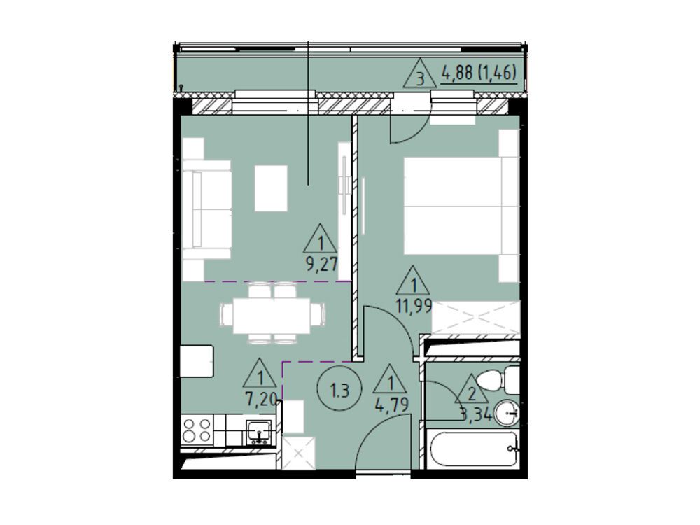 Планировка: 2-комн. квартира 38.05 м² в новостройке Горки Марусино