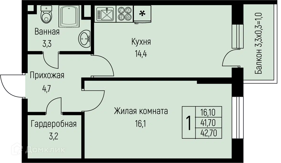 Планировка: 1-комн. квартира 42.70 м² в новостройке Нова Вита